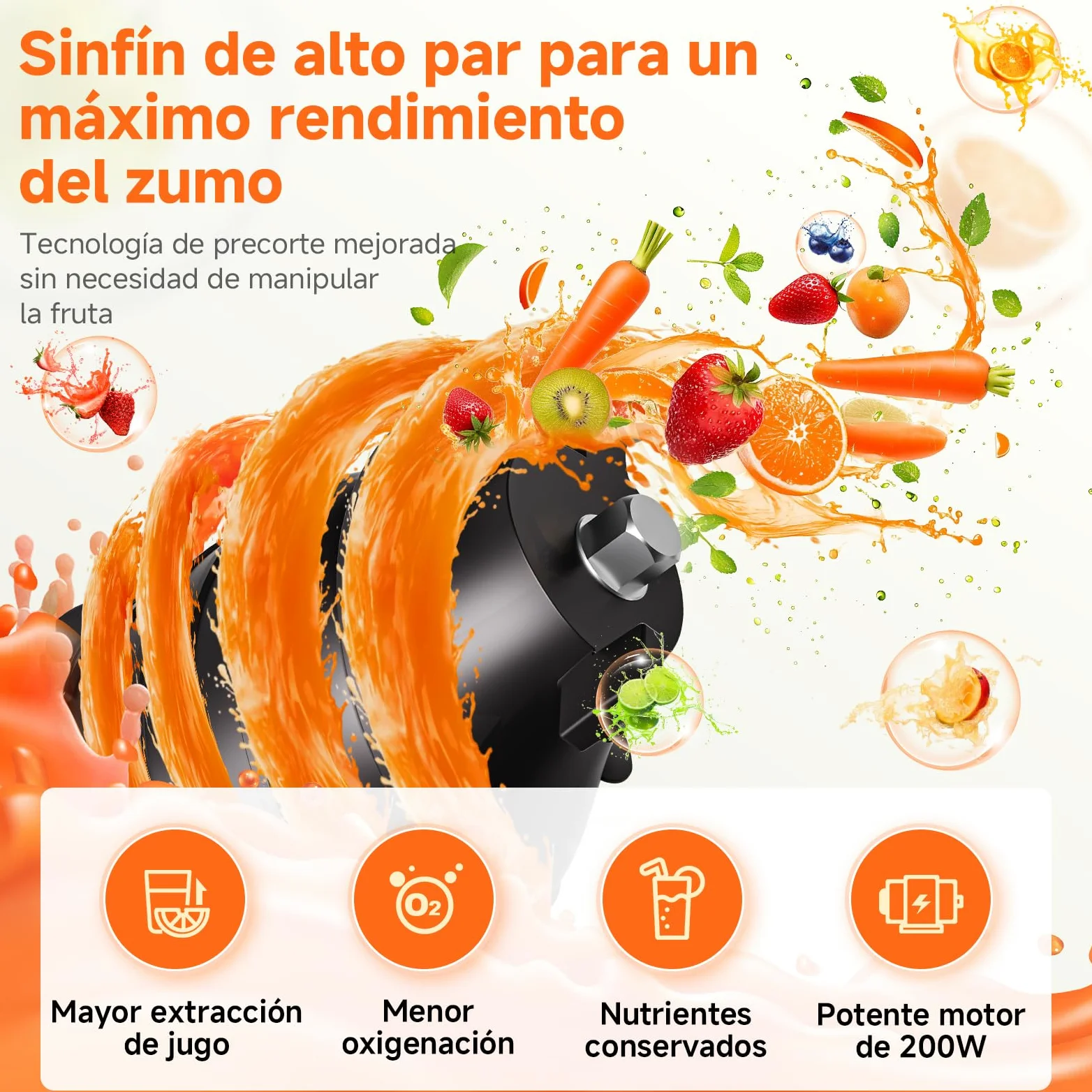 AOBOSI Extractor De Zumos Y Verduras – Boca XXL de 135 mm para Frutas y Verduras Enteras – 1.5 L, 200 W, Extractor de jugos Cold Press Slow Juicer Machine con Sinfín Mejorado