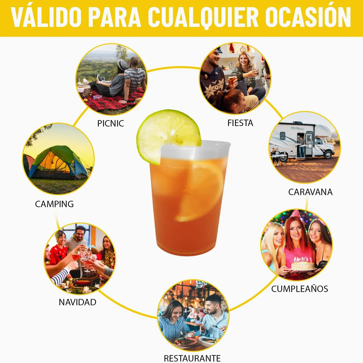 100 Vasos de Sidra 600 ML Reutilizables - Plástico Duro Irrompible - Uso en Fiestas, Oficina o Camping - Ecológico sin BPA - Para Agua, Cocktail, Cubatas, Gin Tonic y Cerveza