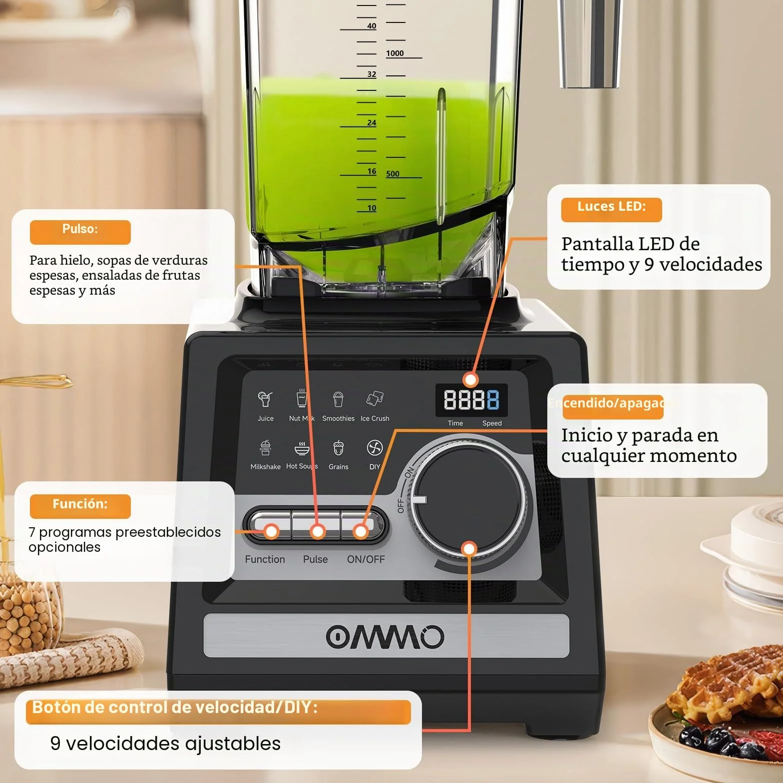 OMMO 2L Batidora de Vaso, 1800W Batidora Smoothies con 9 Controles de Velocidad para Hielo Roto, Batidos, Bebidas y Frutas Congeladas, Sin BPA