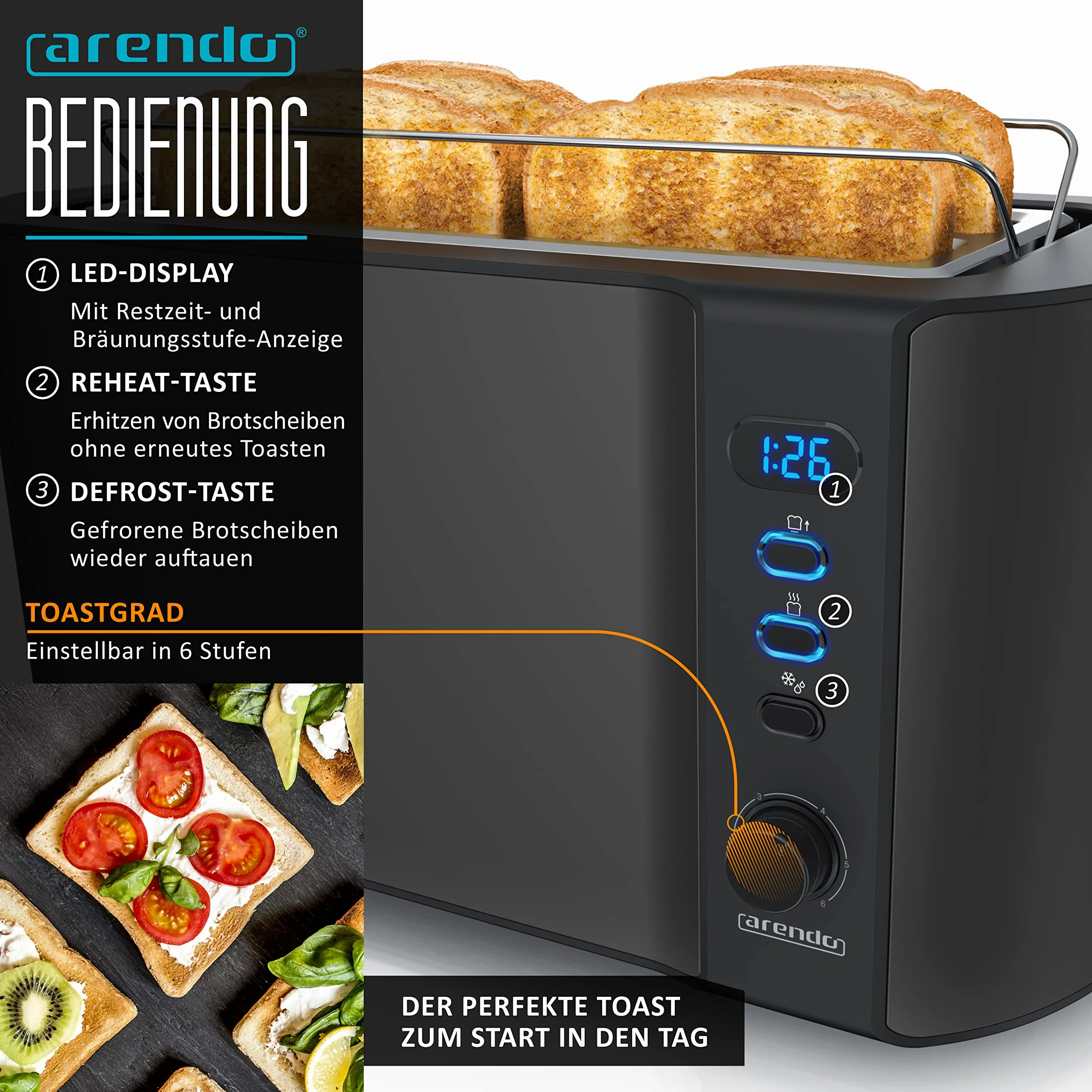 Arendo - Hervidor de agua con tostadora de acero inoxidable negro, hervidor 1,5 l, 40 °, 100 °C, función de mantenimiento caliente, tostadora, 4 rebanadas, pantalla LED, 6 niveles de bruñido