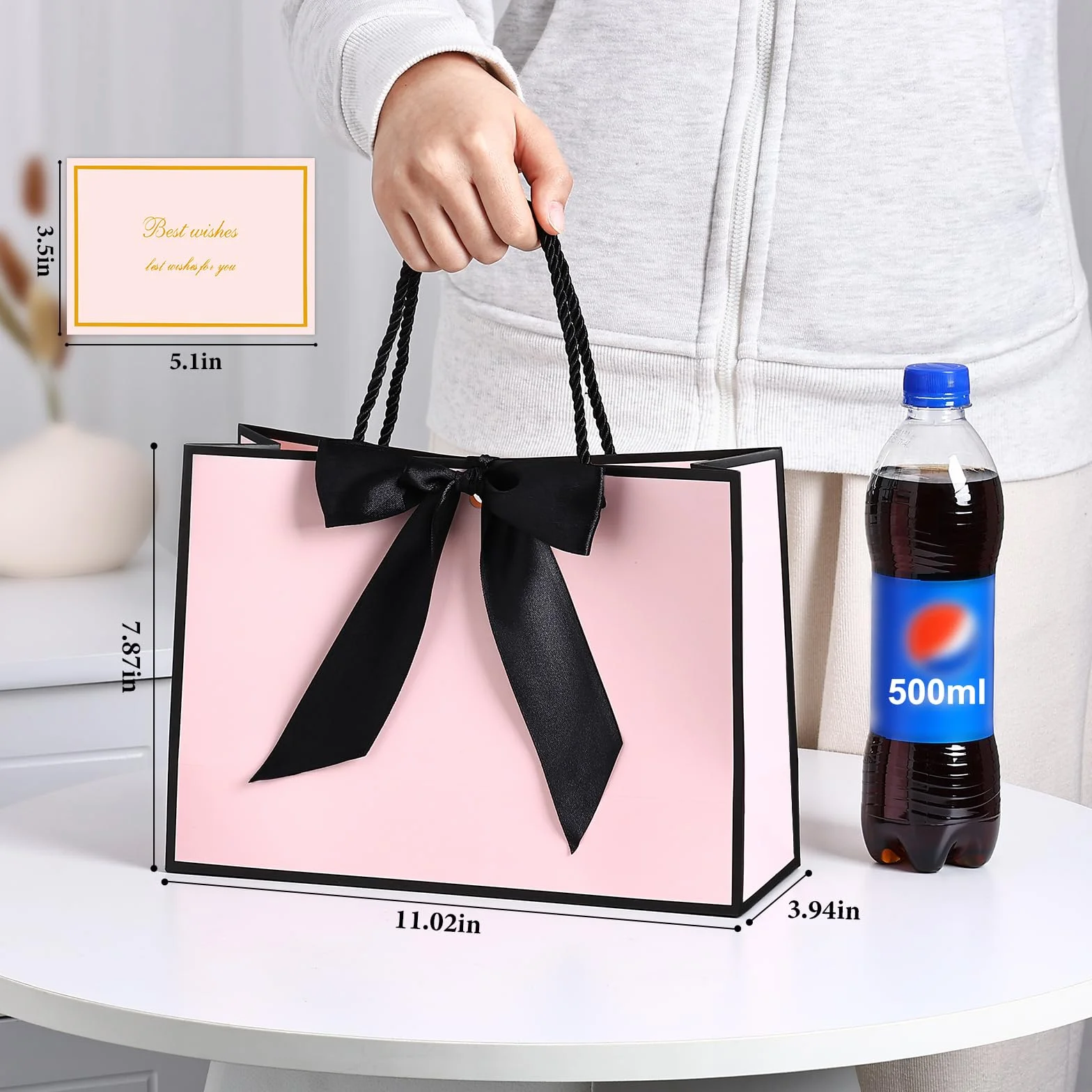 BBLIKE bolsas de regalo con asa - 2 bolsas de regalo + 2 tarjetas de felicitación + 4 papel Sydney, bolsas de papel con asa, envoltorio para regalos, cumpleaños (Rosa Borde Negro)