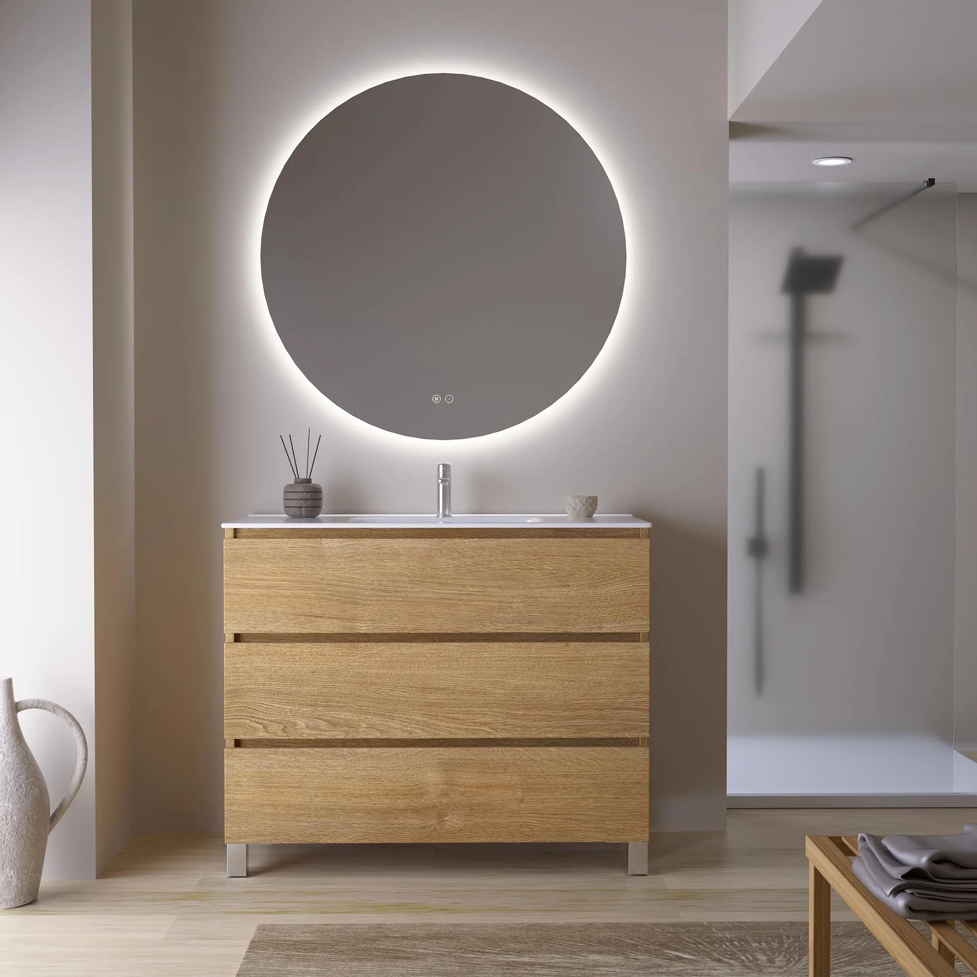 Mueble de Baño 100 cm Madera con Encimera Cerámica y Espejo Redondo LED Antivaho, 3 Cajones, Lavabo Incluido, Luz Regulable, Gran Almacenaje