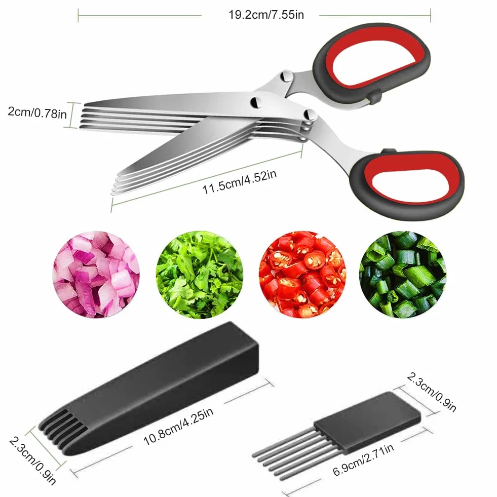 Tijeras para hierbas, tijeras de cocina de 5 cuchillas de acero inoxidable, tijeras de especias cebolletas con tapa de seguridad y peine de limpieza para hierbas aromáticas, cebolletas, negro rojo