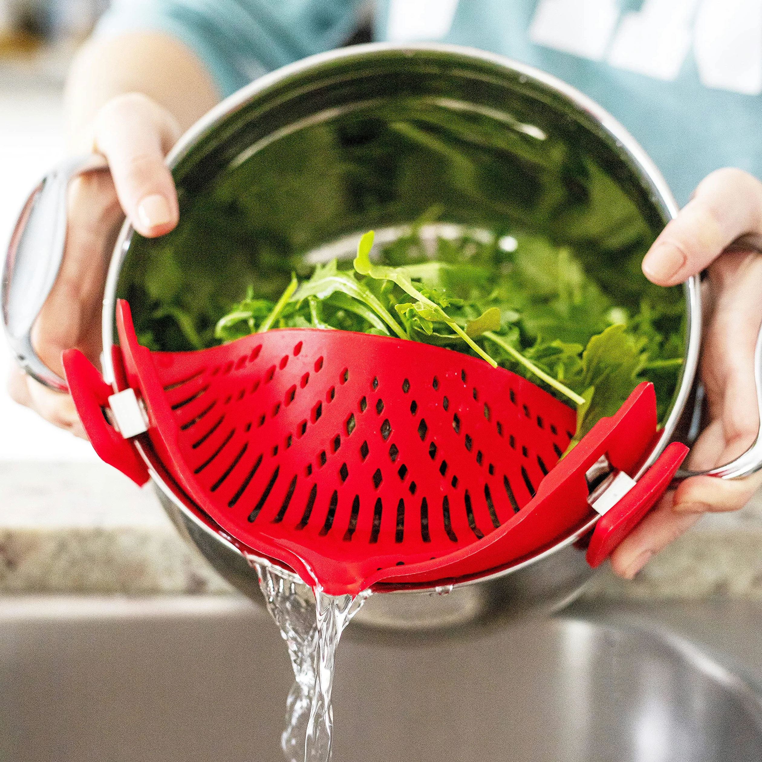 Colador de pasta de silicona con clip, ajuste universal para todas las ollas y cuencos, escurridor a presión para pasta, carne, verduras, frutas, colador de silicona para cocina, drenaje fácil de