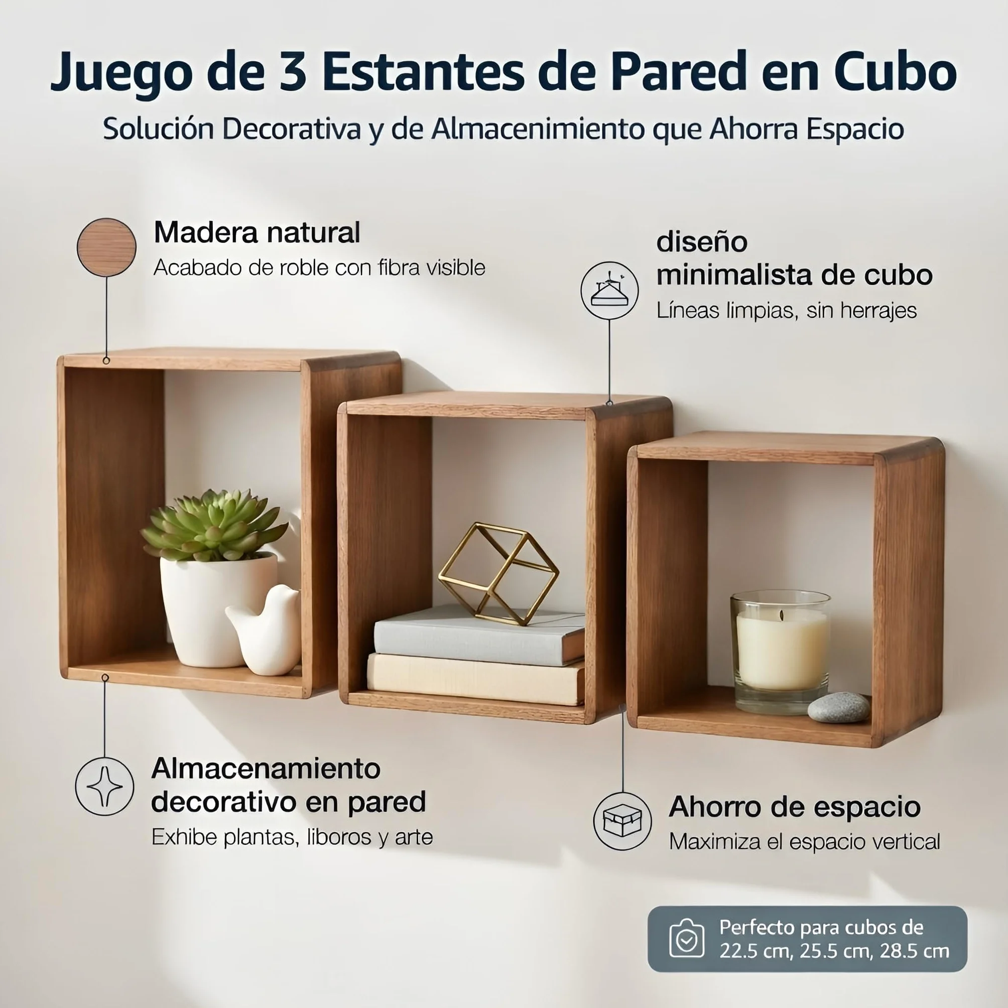Juego de 3 Cubos Estantes de Pared Set de 3 Cubos Flotantes de Álamo 22,5/25,5/28,5 cm Estanterías Cuadradas para Decoración Libros Plantas y Objetos Organizadores de Pared (Marron)