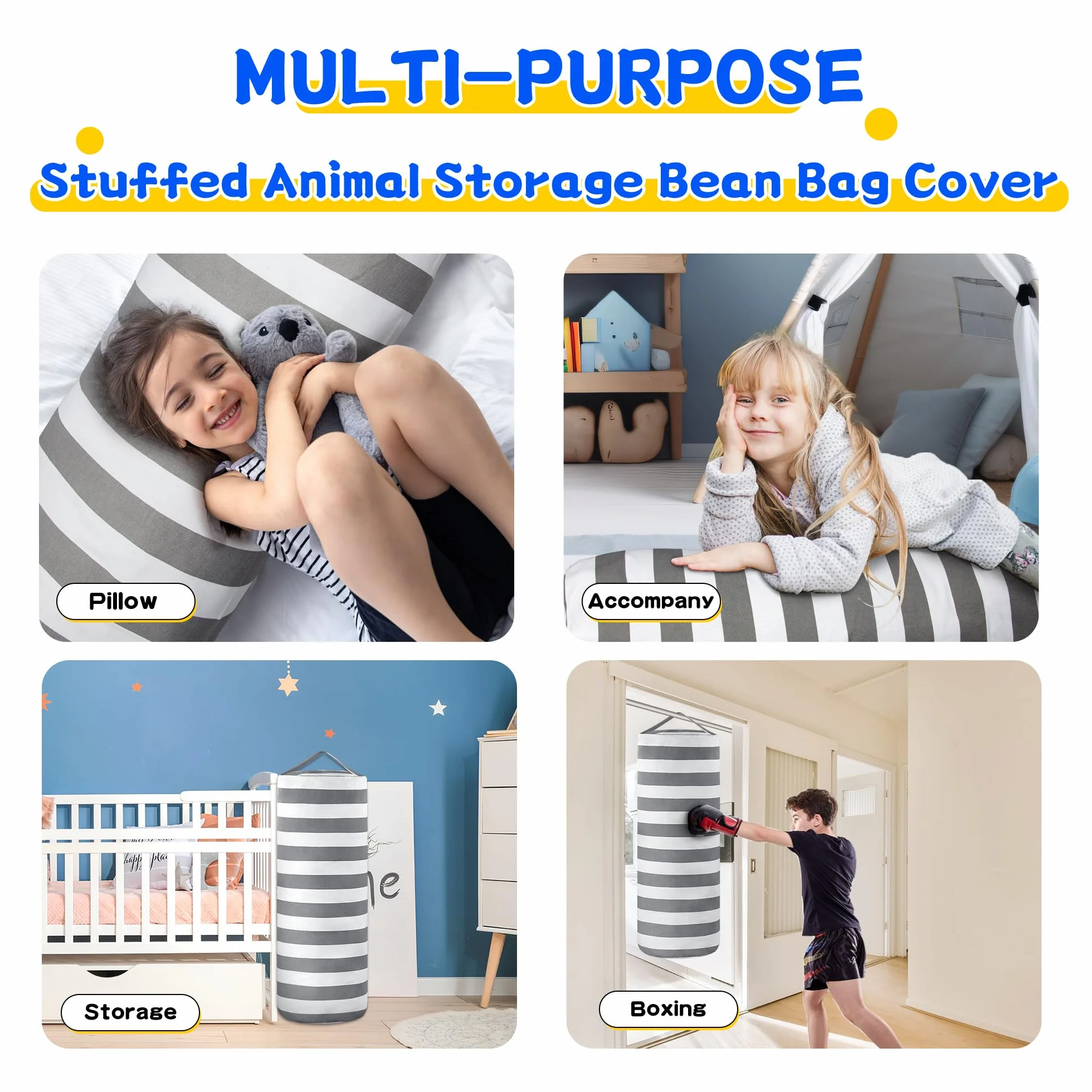 Funda para puf de almacenamiento de animales de peluche para niños, bolsas organizadoras de juguetes de peluche para niños y niñas, una cremallera de longitud completa, decoración de muebles