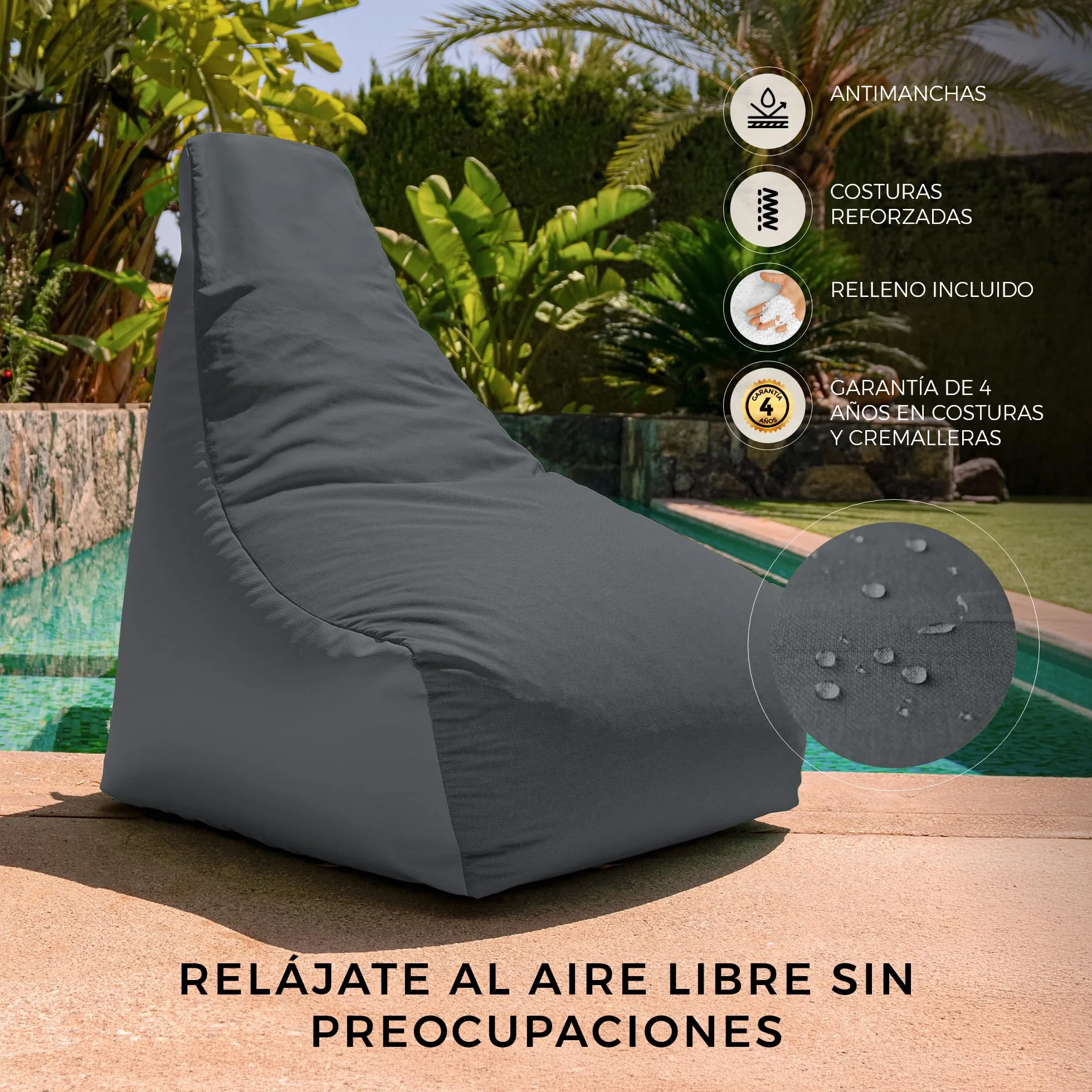 HAPPERS Puff Sillón Naylim Mate con Relleno Incluido para Exterior e Interior Transpirable y Resistente| Asiento Relax Ergonómico para Terraza, Jardín y Salón | 85x80x90 cm Gris
