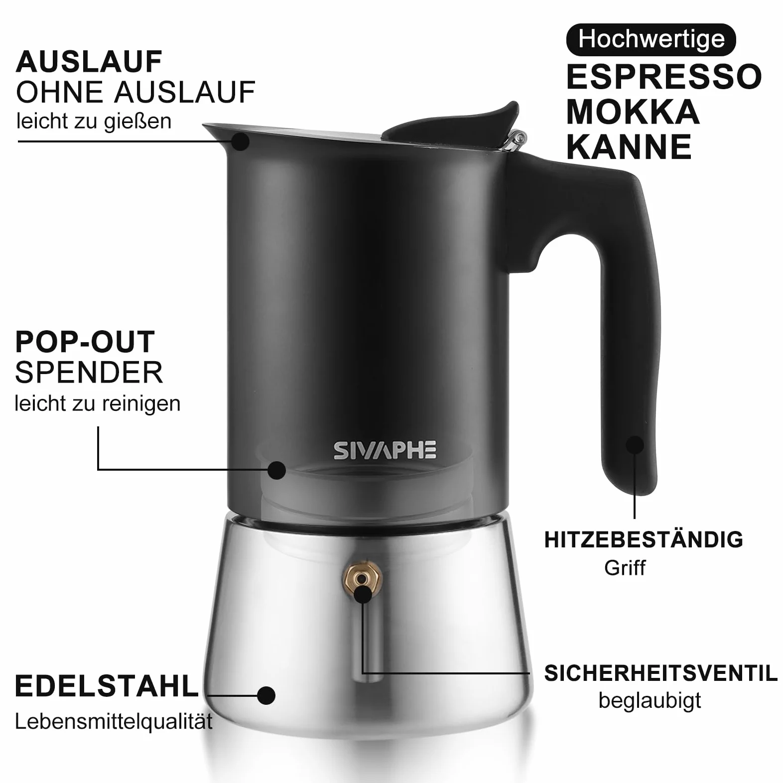 Sivaphe Cafetera de espresso de inducción, cocina de acero inoxidable, cafetera de espresso, cafetera moka, cafetera expreso sin aluminio, 6 tazas, 300 ml, color negro