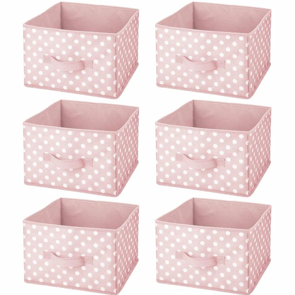 mDesign Juego de 6 Contenedores de Tela Organizadores de Juguetes Lunares para Dormitorios Infantiles Rosa/Blanco