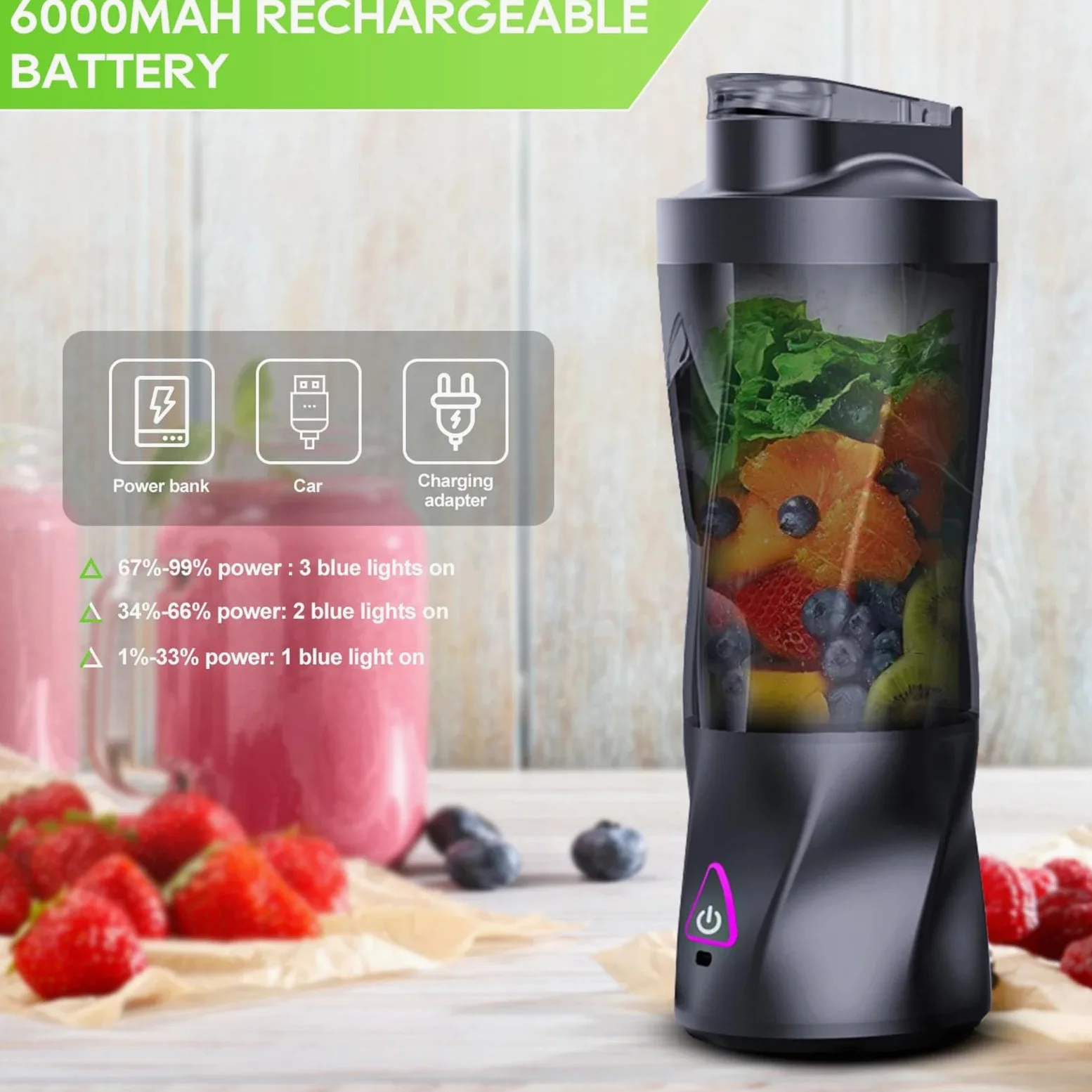 Licuadora portátil: motor de alta potencia de 360 W, batería de larga duración de 6000 mAh, batidora de viaje de 652.0 g con hoja antiatascos, sin BPA para batidos y trituración de hielo 【Negro】