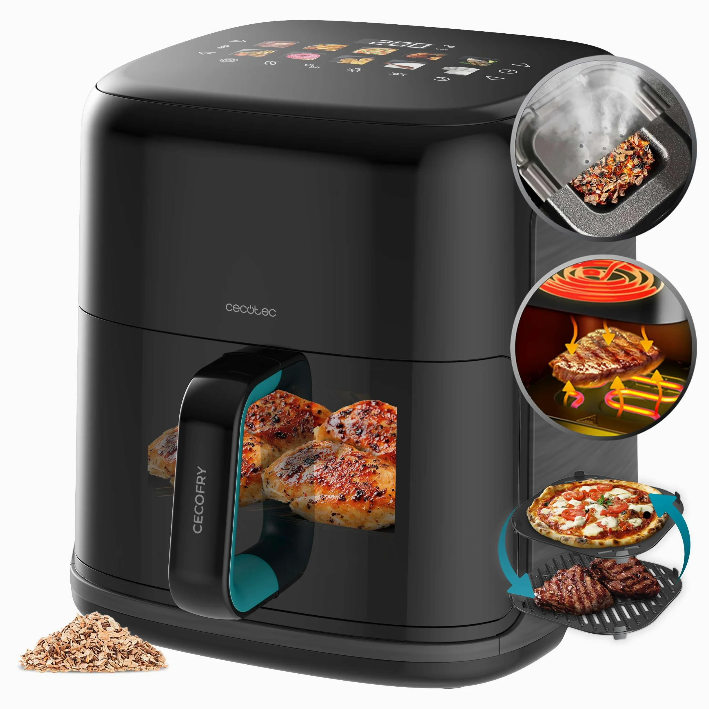 Cecotec Freidora de Aire 6,5L Ahumador Cecofry&Grill Smokin'Prime 6500 Heat | 2200W, Air Fryer, Grill y Plancha, Doble Resistencia, Ventana de Visualización, 10 Menús, Temperatura Regulable, Panel Táctil