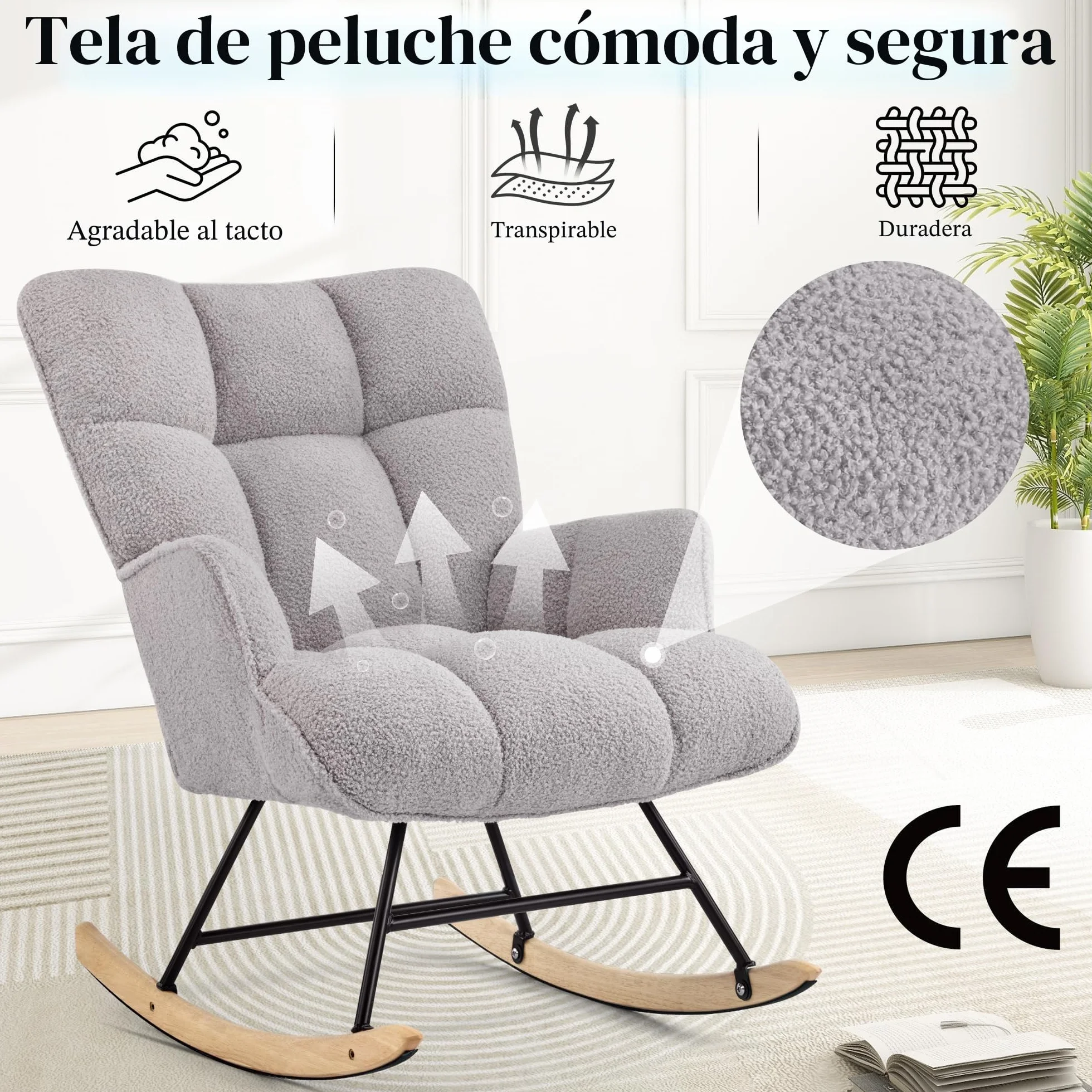 Silla Mecedora de Lactancia Tapizada Peluche Patines Madera Gris