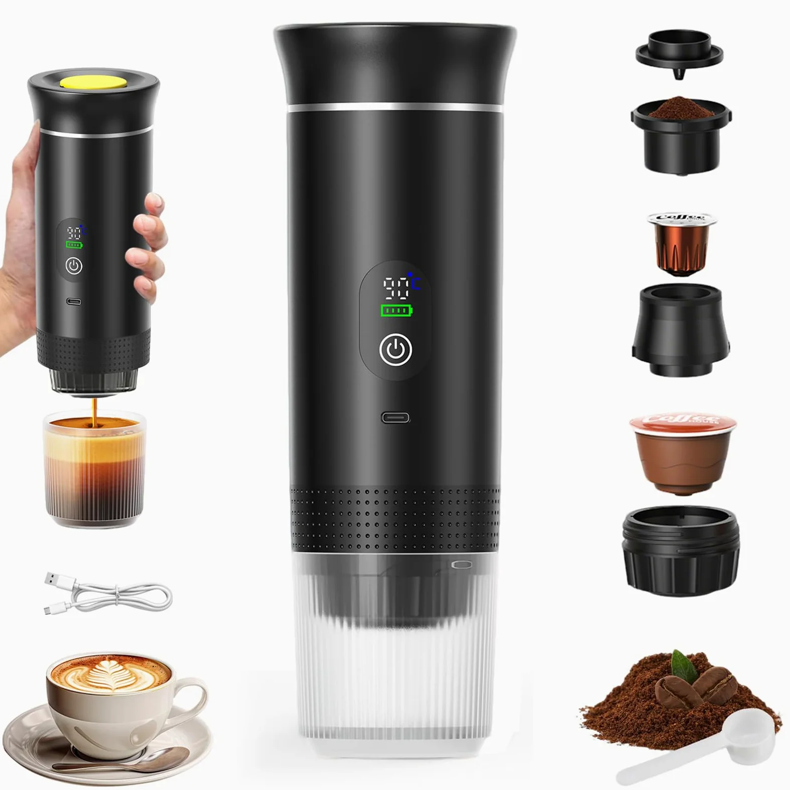 VHV - Cafetera portátil 3 en 1, recargable portátil de viaje, 12 V espresso Machine a Cafe para cápsula, café molido, para camping, viajes, oficina, coche, casa (negro)