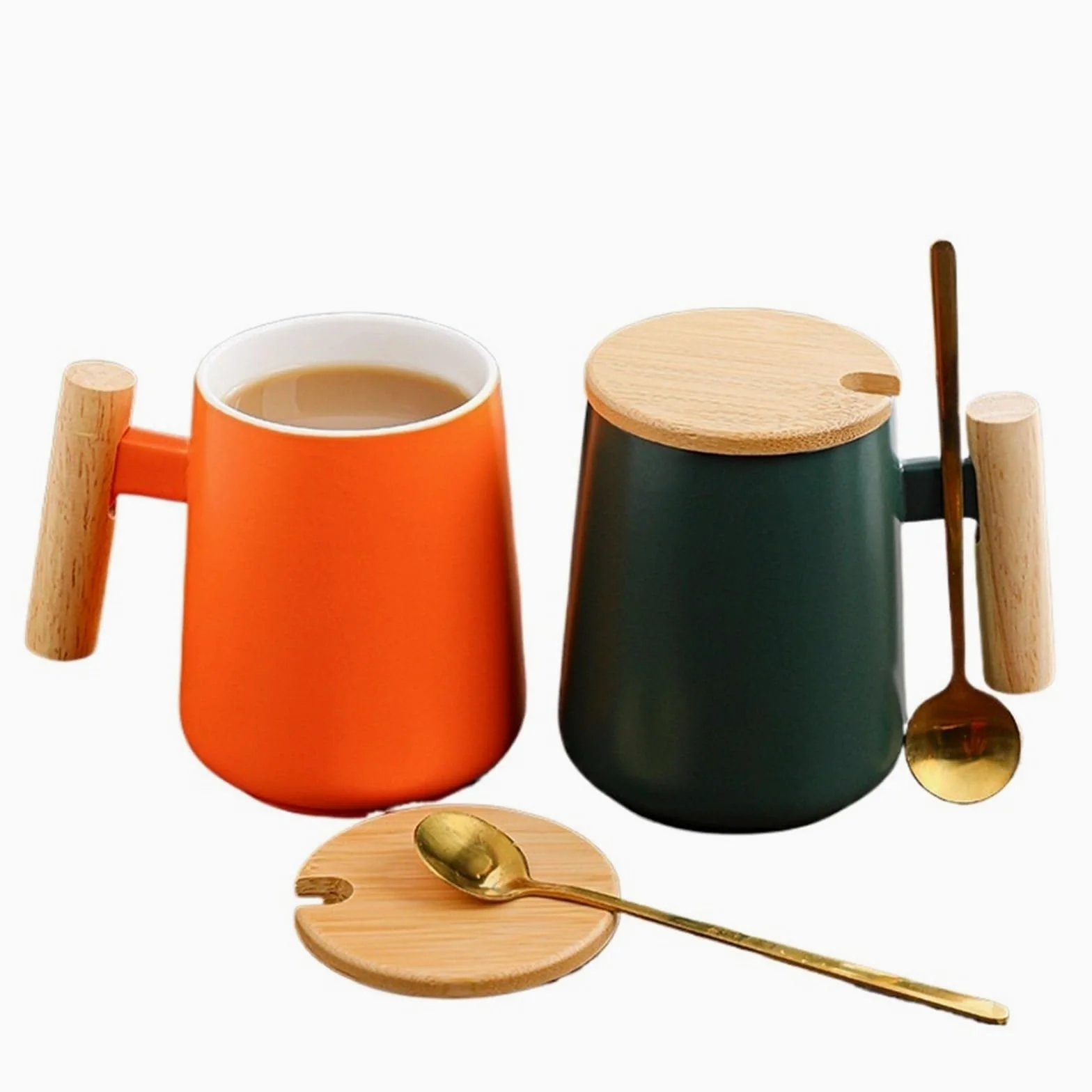 Taza de café de cerámica Vintage de 480ml con tapa, mango de madera, taza de agua Retro for oficina y hogar, 2 uds. Para Boda(Orange Green)