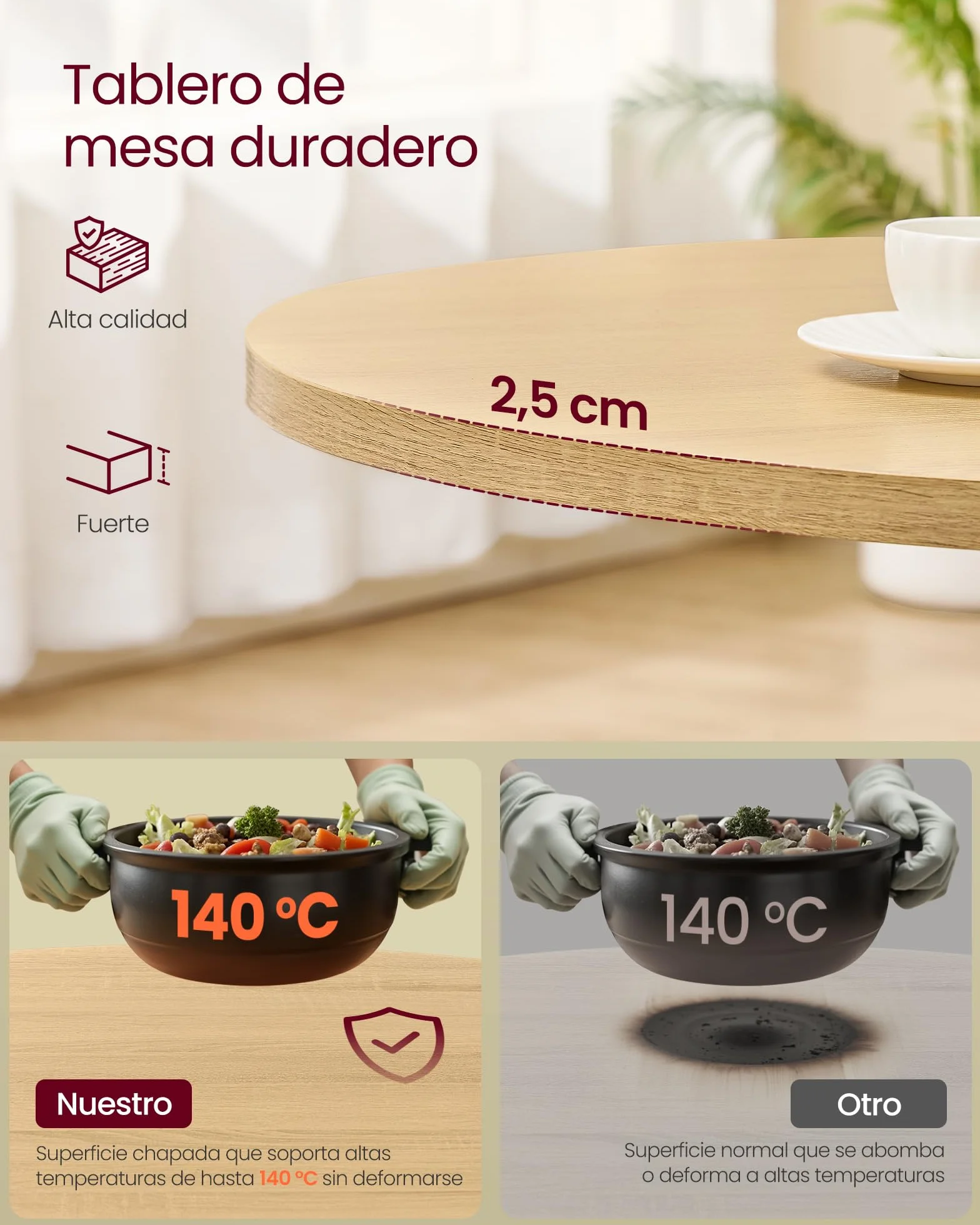 VASAGLE Mesa de Comedor Redonda, Mesa de Cocina Pequeña para 4 Personas, Estilo Rústico, Superficie Resistente al Agua, Diámetro de 80 cm, Alto de 74,8 cm, para Salón, Roble Dorado KDT082Y02