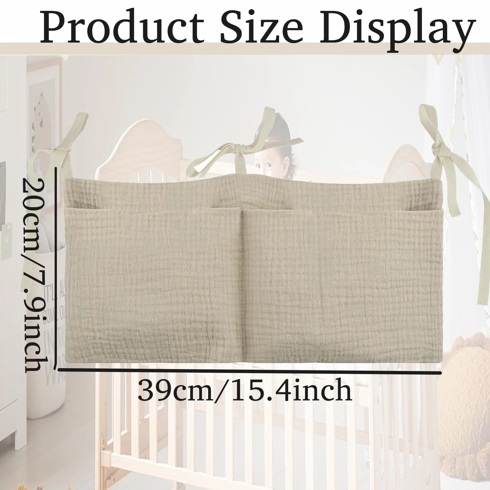 Organizador Colgante para Cama de Bebé, Bolso con Dos Bolsillos Grandes para Pañales y Juguetes, Caqui