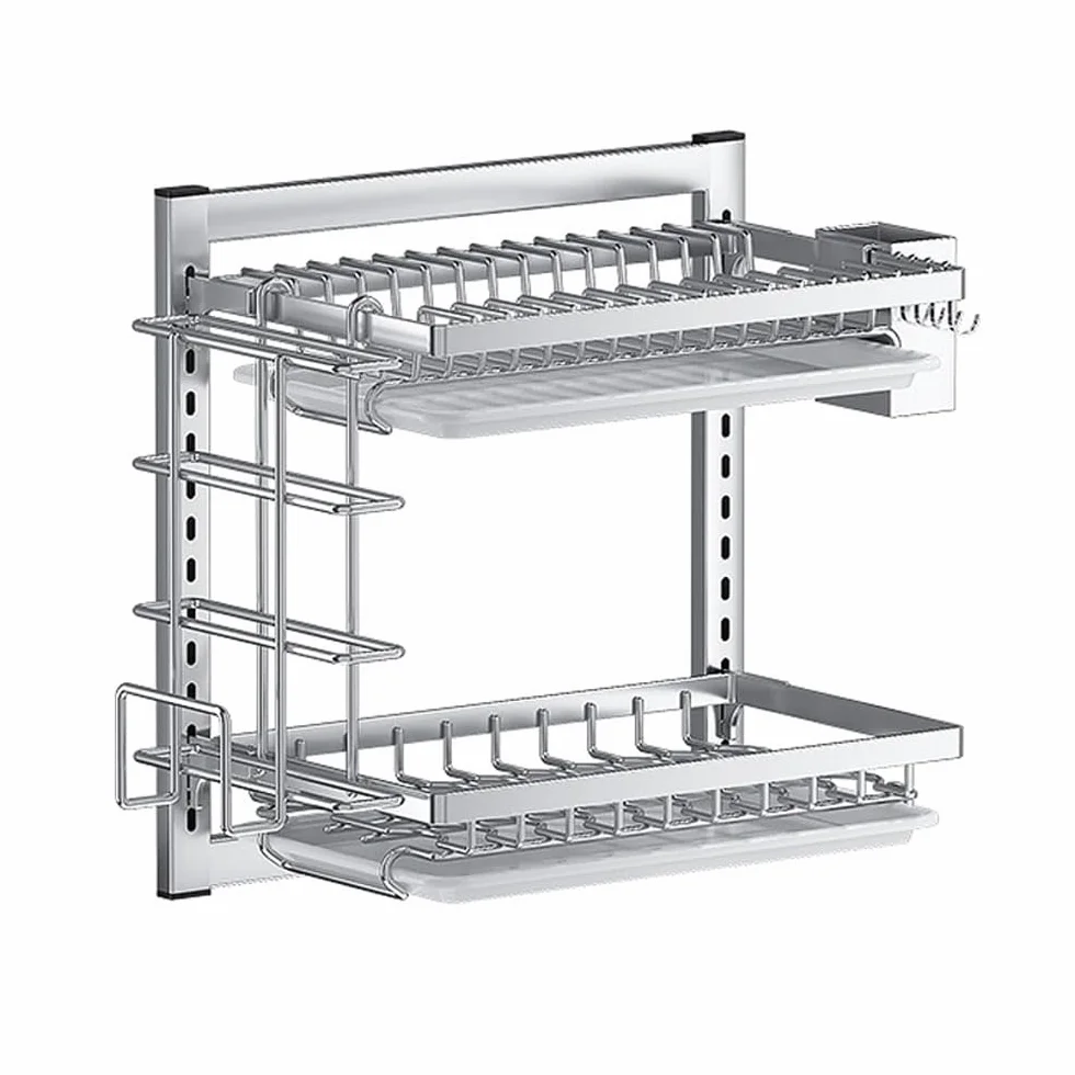 Escurridor de platos colgante montado en la pared, 2/3 niveles, ajustable, ahorra espacio, con escurridor, ganchos y soporte para cubiertos, fácil instalación sin taladrar (tamaño: 2 capas)
