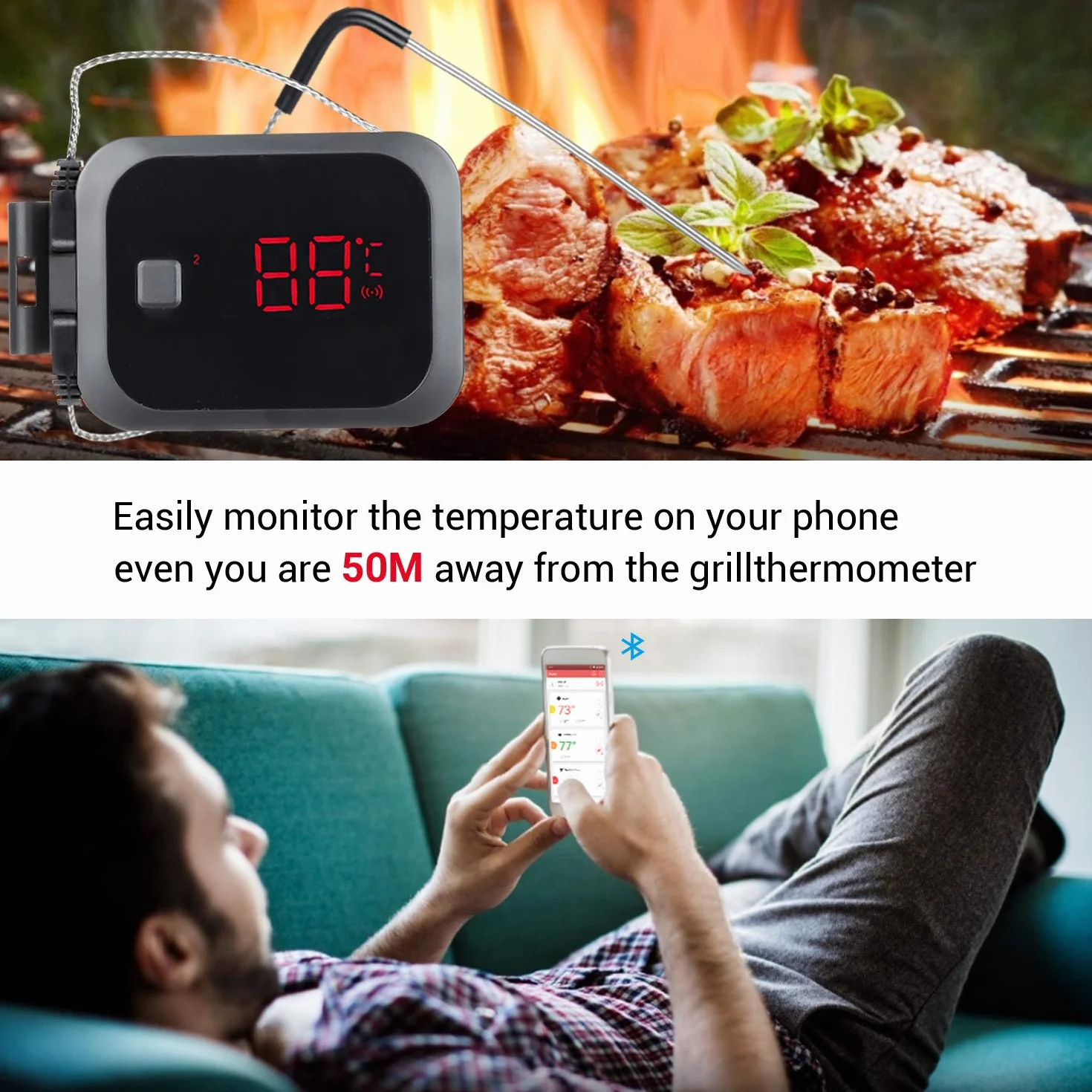 Inkbird IBT-2X Bluetooth Termometro cocina para Barbacoa,Termometros para carne, Sondas de Acero Inoxidable, Portátil, Temporizador, Pantalla LED, Función de Alarma, Apto para Asar Carne,Líquidos