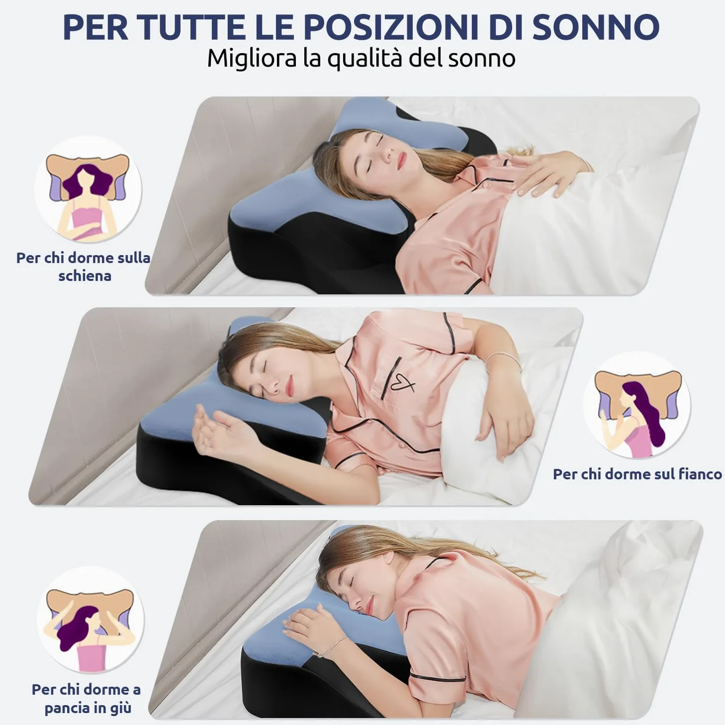 DONAMA Almohada cervical para dormir, cojín cervical ergonómico para dormir de lado, espalda y boca abajo con funda de almohada extraíble y lavable (azul y negro, 66 x 37 x 13 cm)