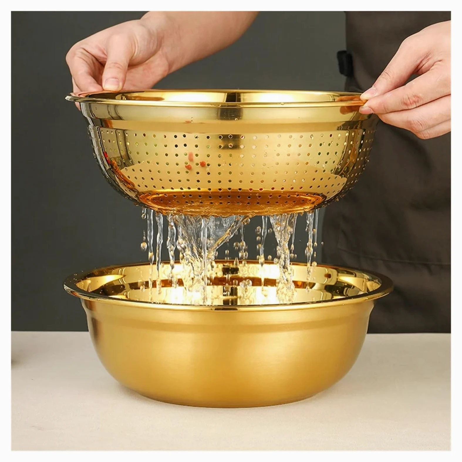 Juego de 2 coladores arroz acero inoxidable dorados, multifuncionales, for mezclar harina y huevos, for sopa frutas cocina(22cm)