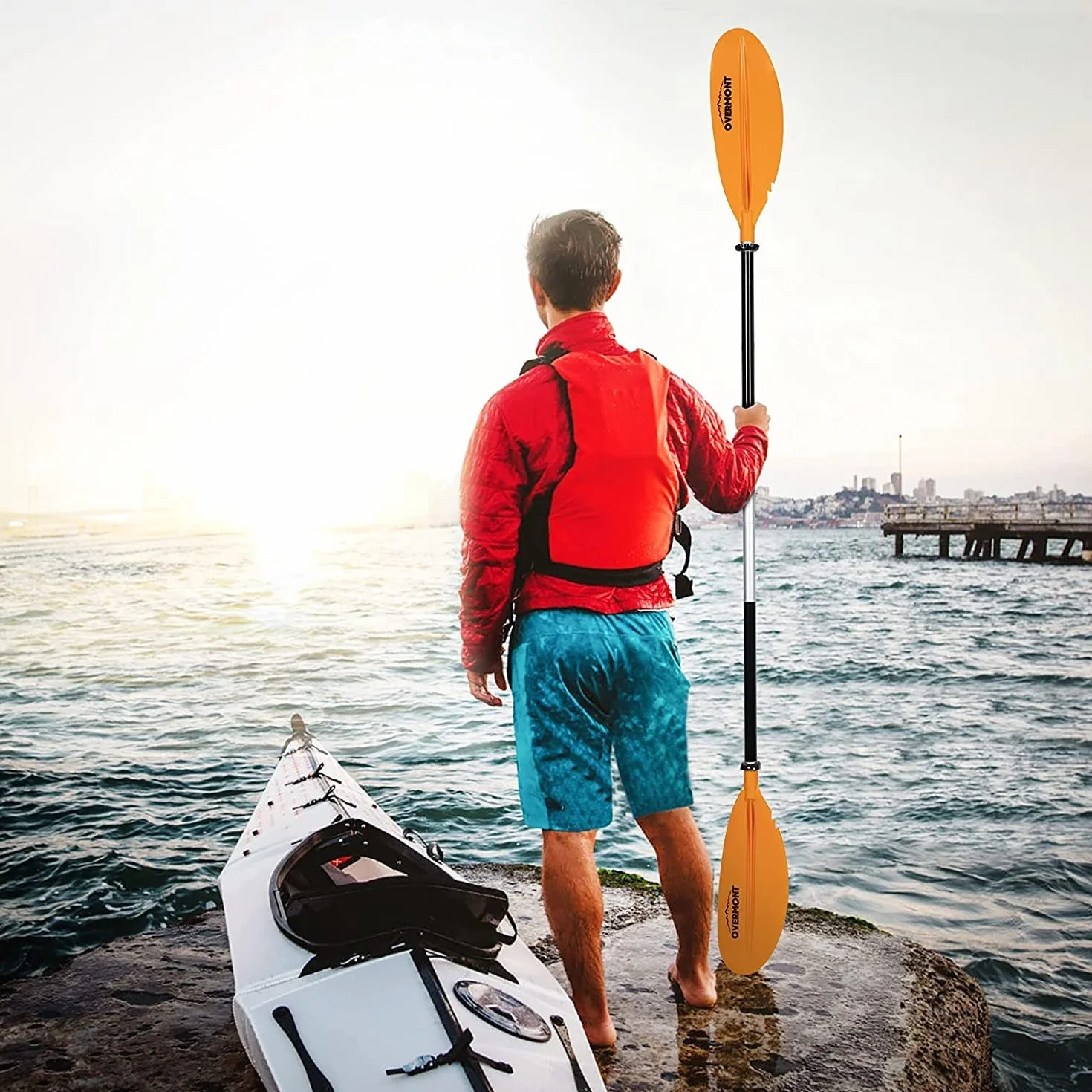 Overmont Remos Aluminio Doble Convertibles 3 Angulos Ajustables Longitud 222cm Sup Kayak Piragua Canoa Barco Negro Rojo Naranja