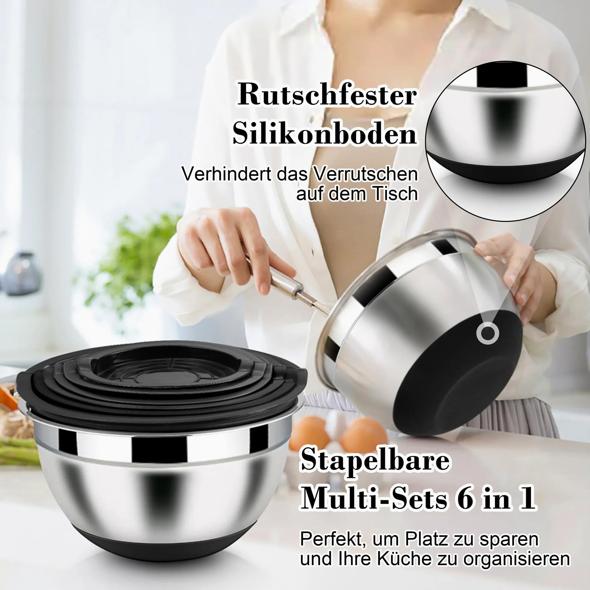 Homikit Juego de 6 cuencos para mezclar, acero inoxidable, color negro, ensaladera con 3 accesorios para mezclar y mezclar, tapa hermética y base de silicona, 4,6 l, 2,8 l, 2,5 l, 1,6 l, 1,2 l, 0,7 l,