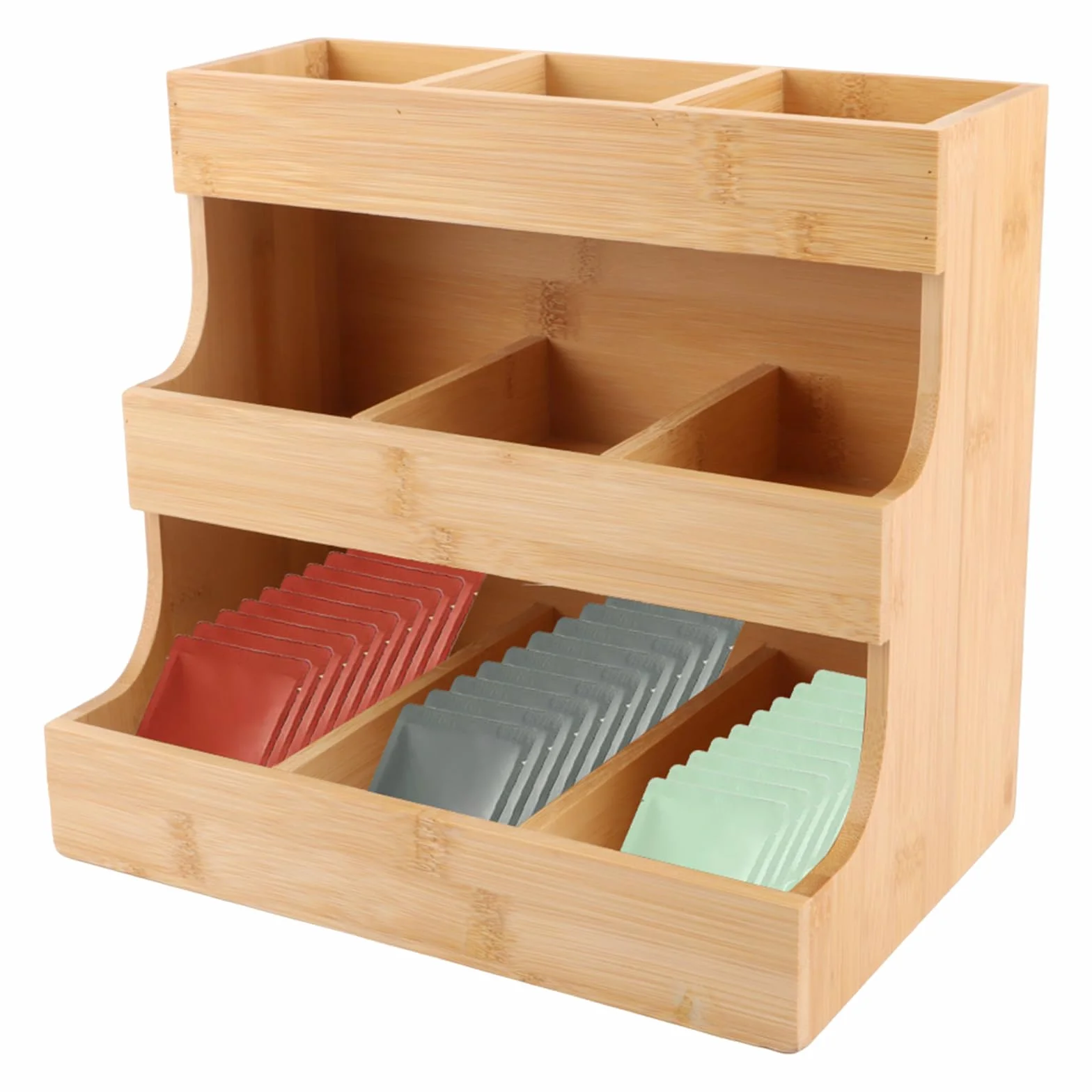 26 x 17 x 24 cm Organizador de bolsas de té de bambú, caja de té de madera con 9 compartimentos de almacenamiento, soporte para bolsas de té de bambú, almacenamiento de té, organizador vertical