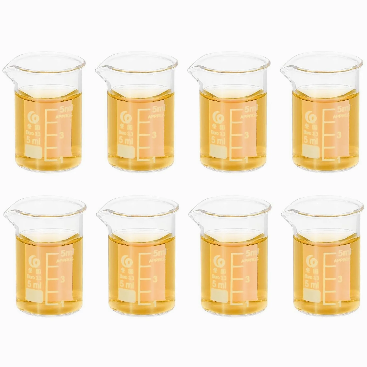 Vaso de precipitados de laboratorio, Tazas medidoras de forma baja 5 ml, 8 piezas con boquilla vidrio borosilicato, varios tamaños, cocina laboratorio(5ml)
