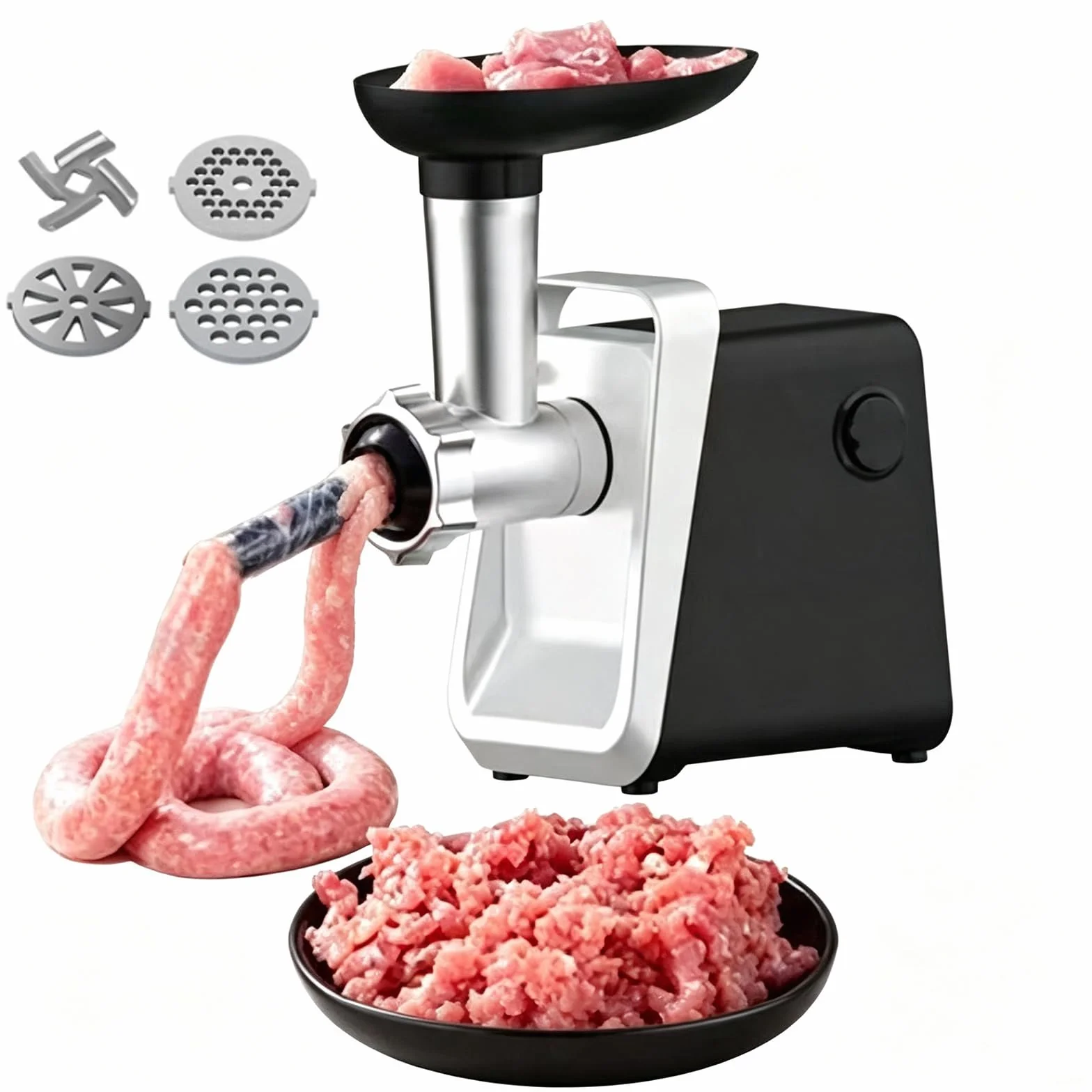 Molino de Carne Eléctrico de Acero Inoxidable con Salchichas y Accesorios | 3 placas de corte, anti-atasco hacia adelante y hacia atrás, partes desmontables y lavables, uso múltiple para procesamiento