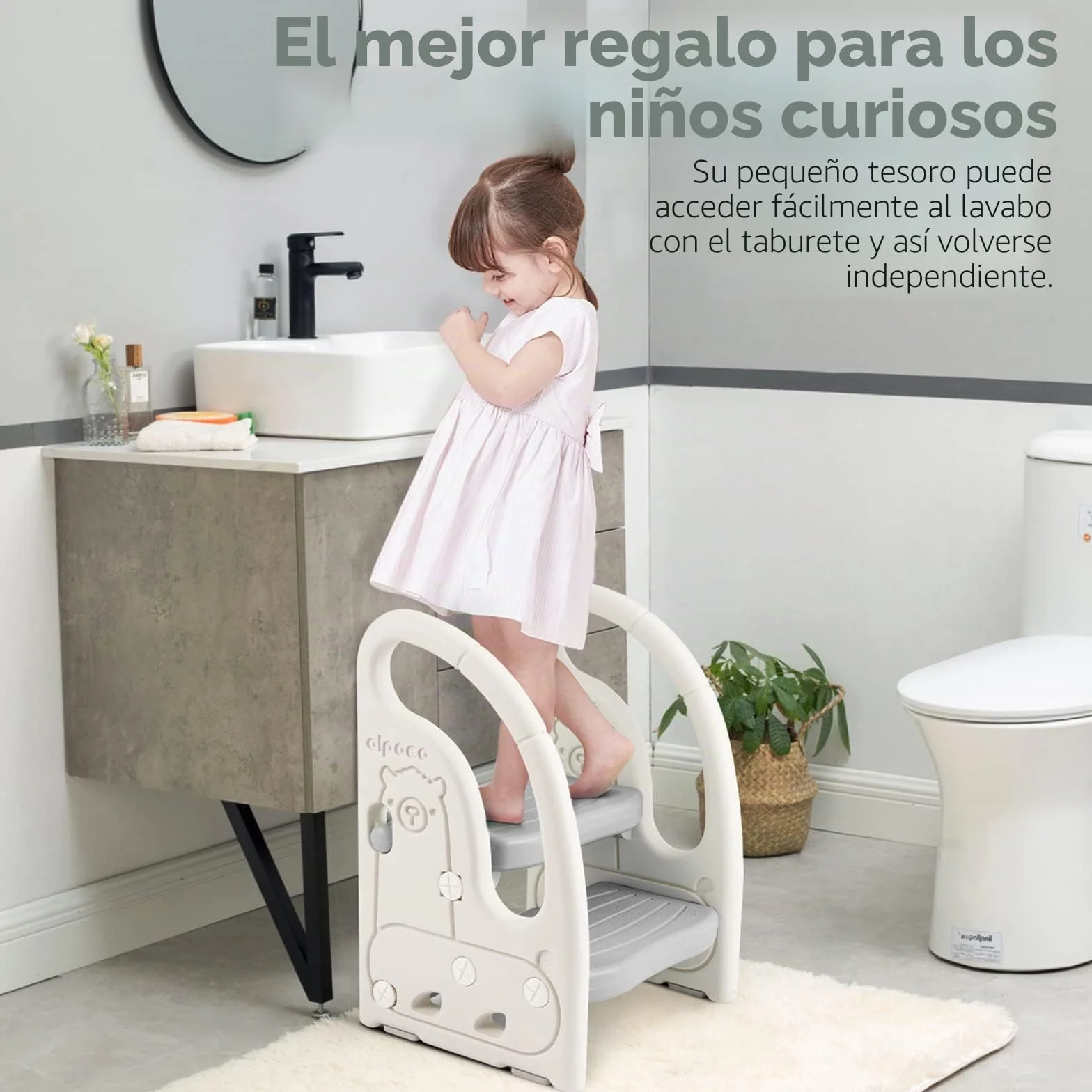 Onasti Taburete de 2 Pasos para Bebé y Niños Pequeños, Altura Ajustable, Antideslizante, Gris