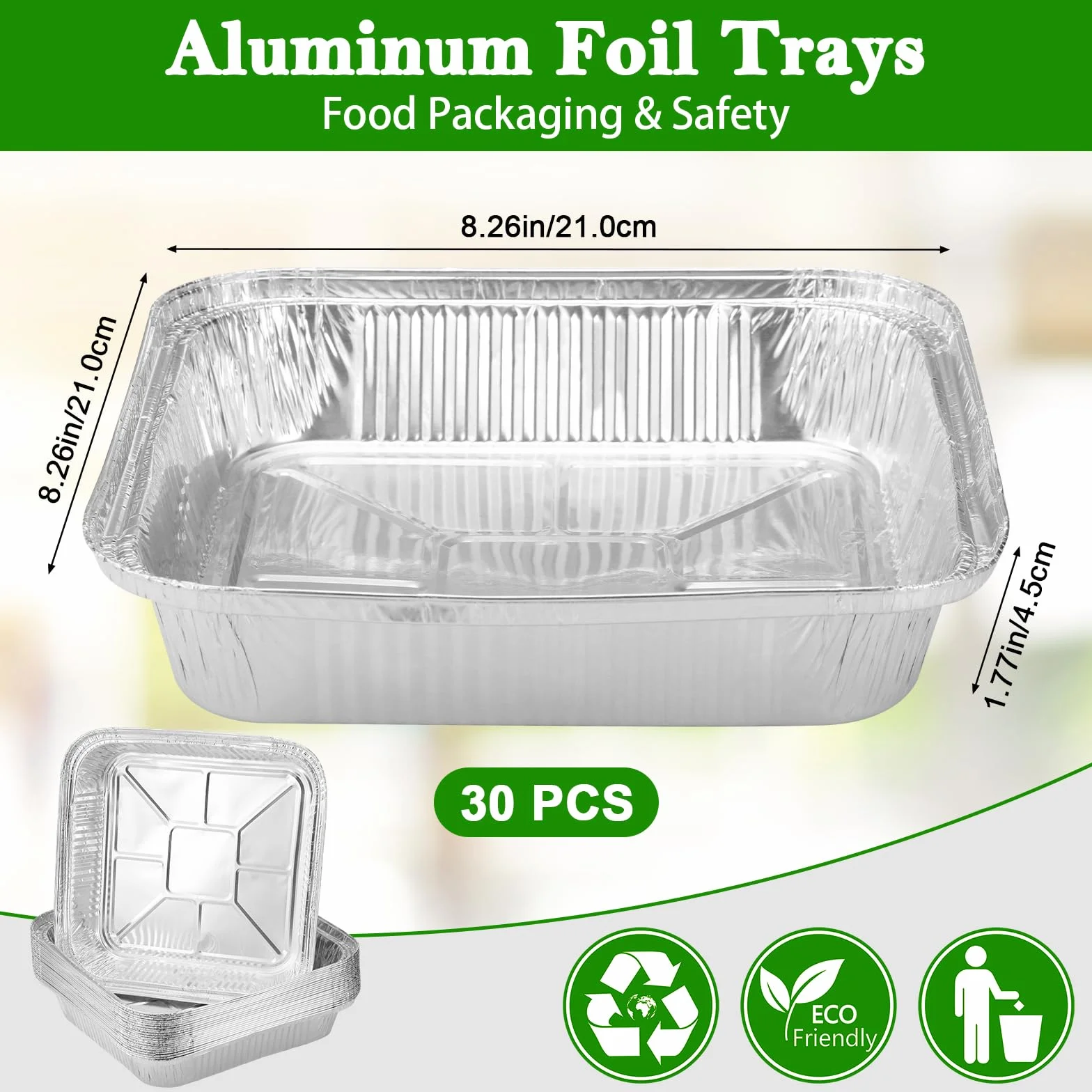 Hejo - Bandeja de aluminio (30 unidades, 1200 ml, plato desechable para barbacoa, cocina, horno (21 × 21 × 4,5 cm)