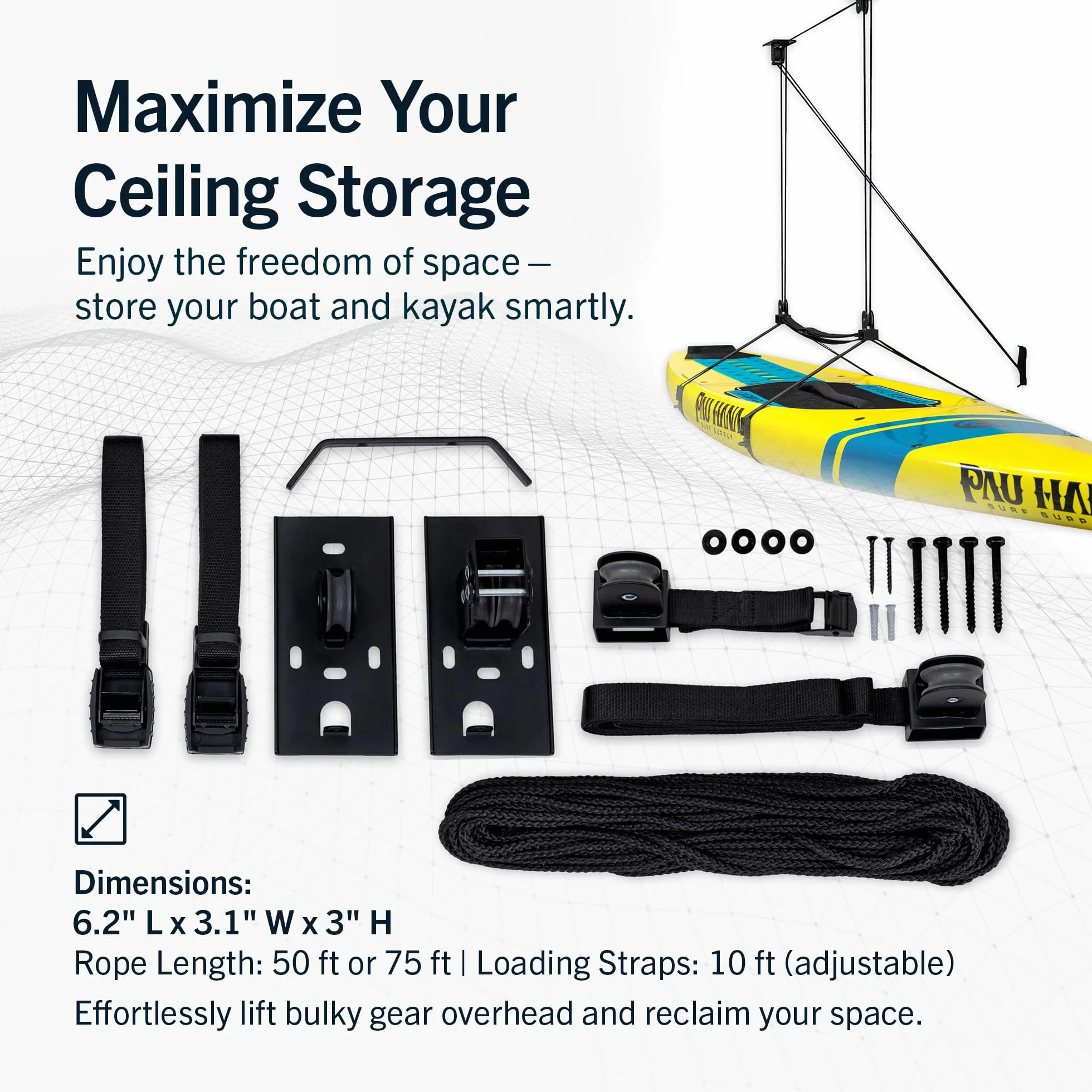 StoreYourBoard Sistema de polea de Techo para Kayak y Canoa, Elevador de Almacenamiento de Montaje en Garaje, Resistente 150 Libras