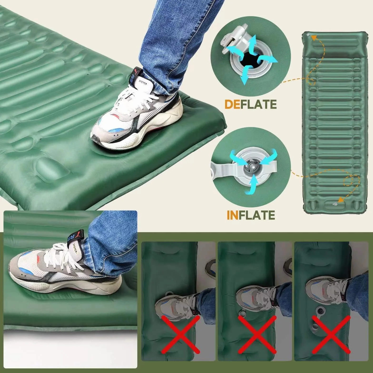 Colchón de Acampada autoinflable 14 cm, Impermeable, con Bomba de pie, para Senderismo Mochilero (Green)