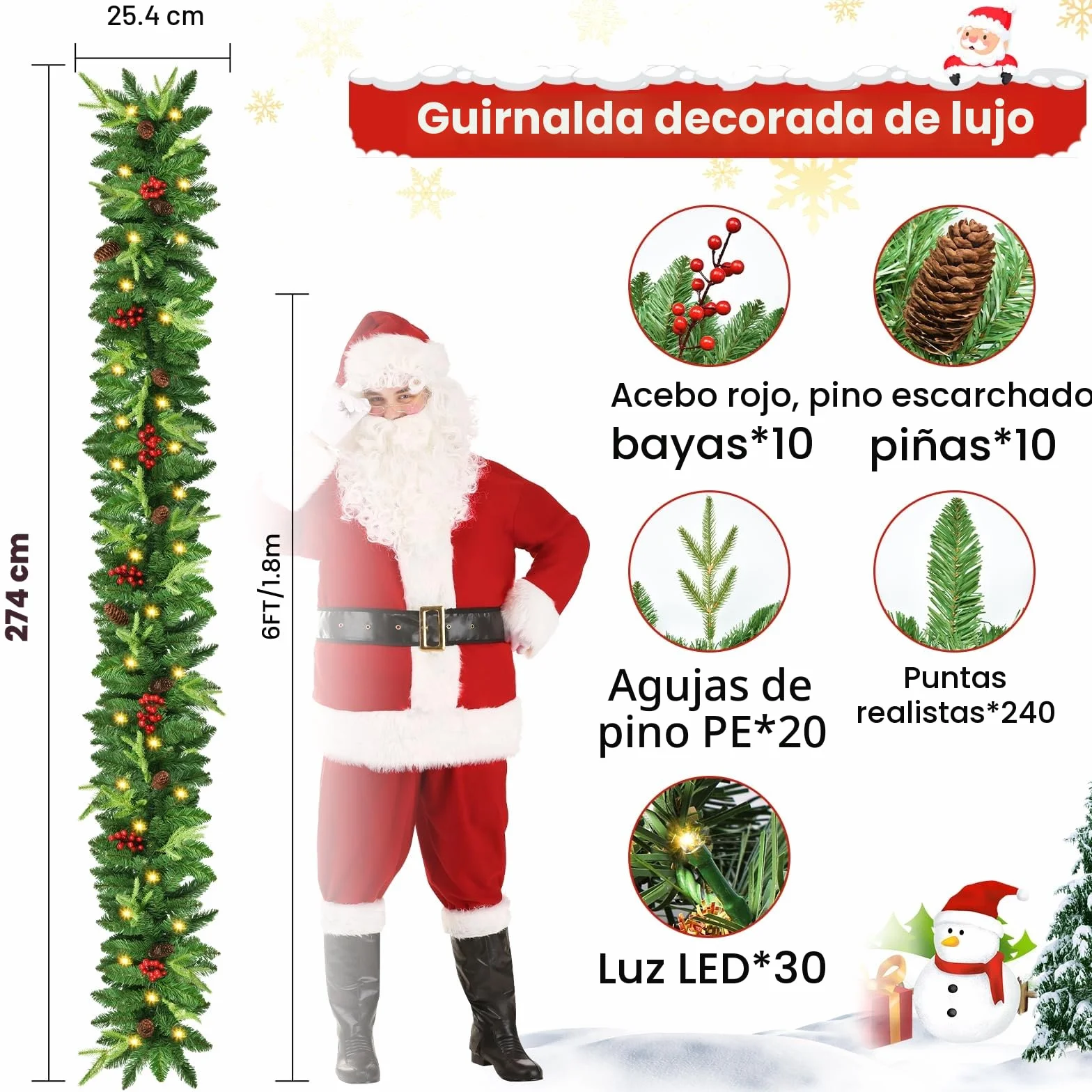Guirnalda Navidad, 2.7M Guirnalda Navidad con Luces y 260 Puntas de Ramas, Guirnalda Navideña Impermeable con 30 LED y Temporizador para Escaleras, Chimenea, Puerta, Decoración de Interior/Exterior