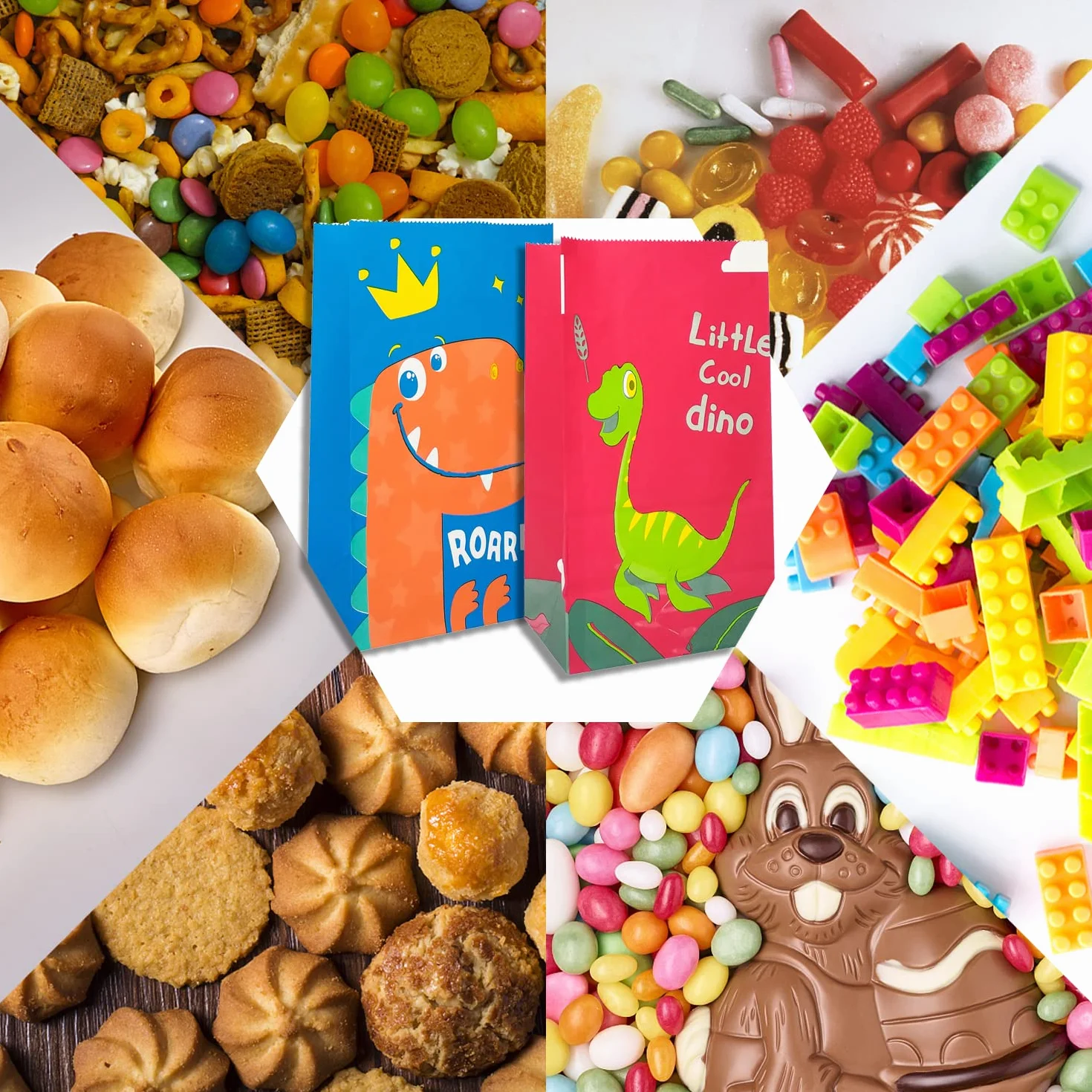OPPLESIN Bolsas Chuches Cumpleaños Infantil,40 PCS Bolsas para Chuches de Dinosaurios con 48 Pegatinas para Regalos, Fiestas Infantiles, Bolsas Cumpleaños Infantil (13 * 8 * 24cm)