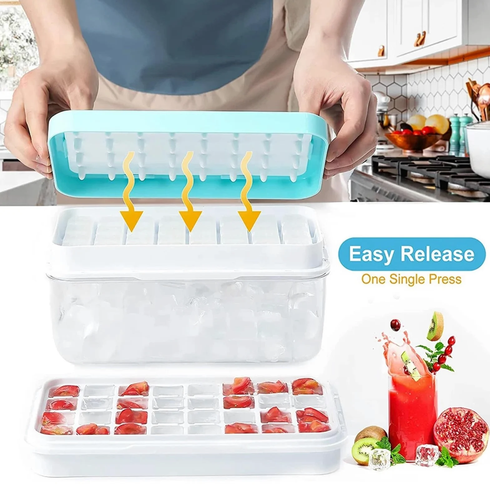 Cubiteras Para Hielo Bandeja de cubitos de hielo con 2 bandejas apilables, moldes de silicona con compartimento for congelador, 64 nuggets(Blue)
