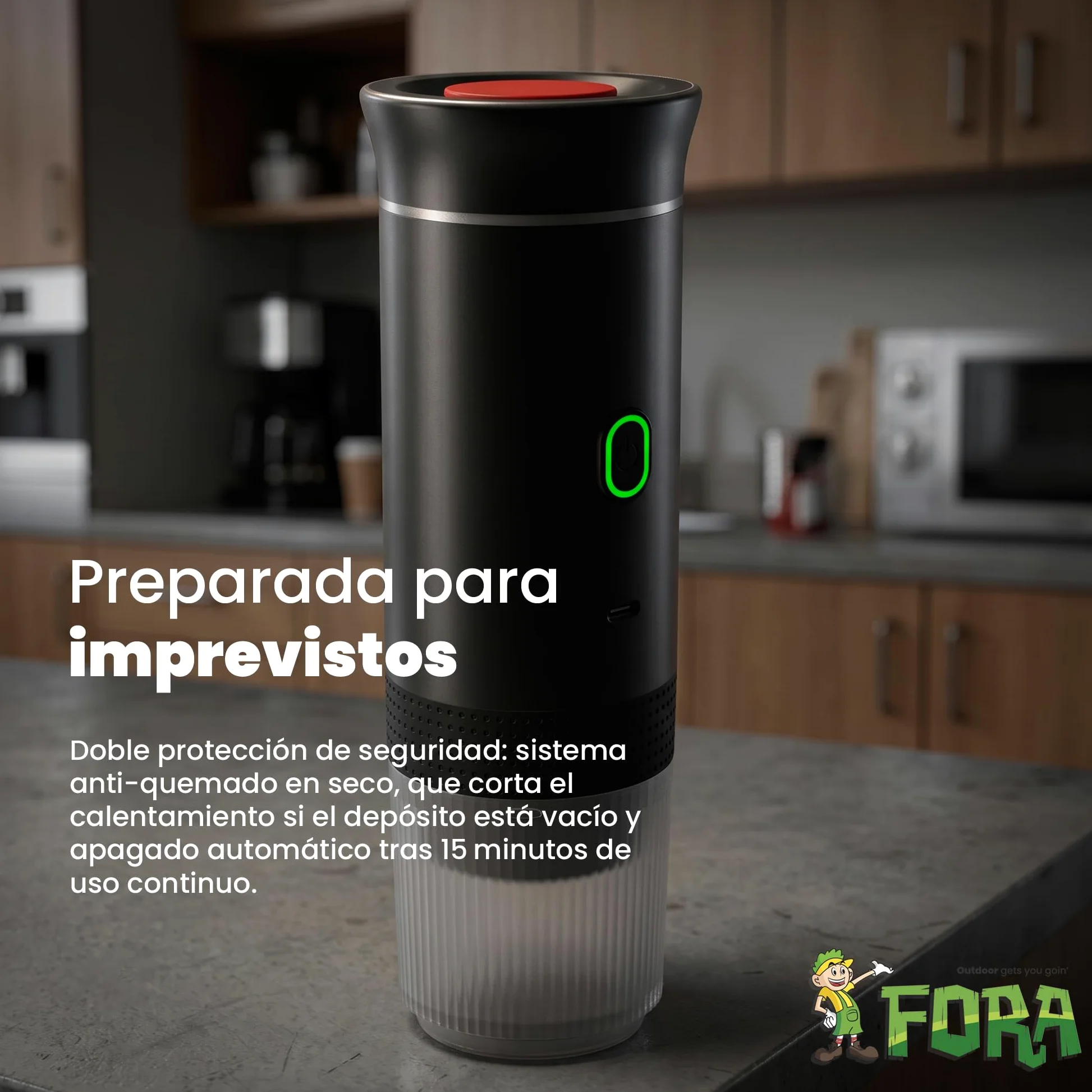 FORA Cafetera Portatil Espresso 3 en 1 - Capsulas y Cafe Molido, 20 Bares | Compatible Nespresso Original y Dolce Gusto. Bateria recargable USB-C, frio y caliente. Ideal coche, camping, oficina.