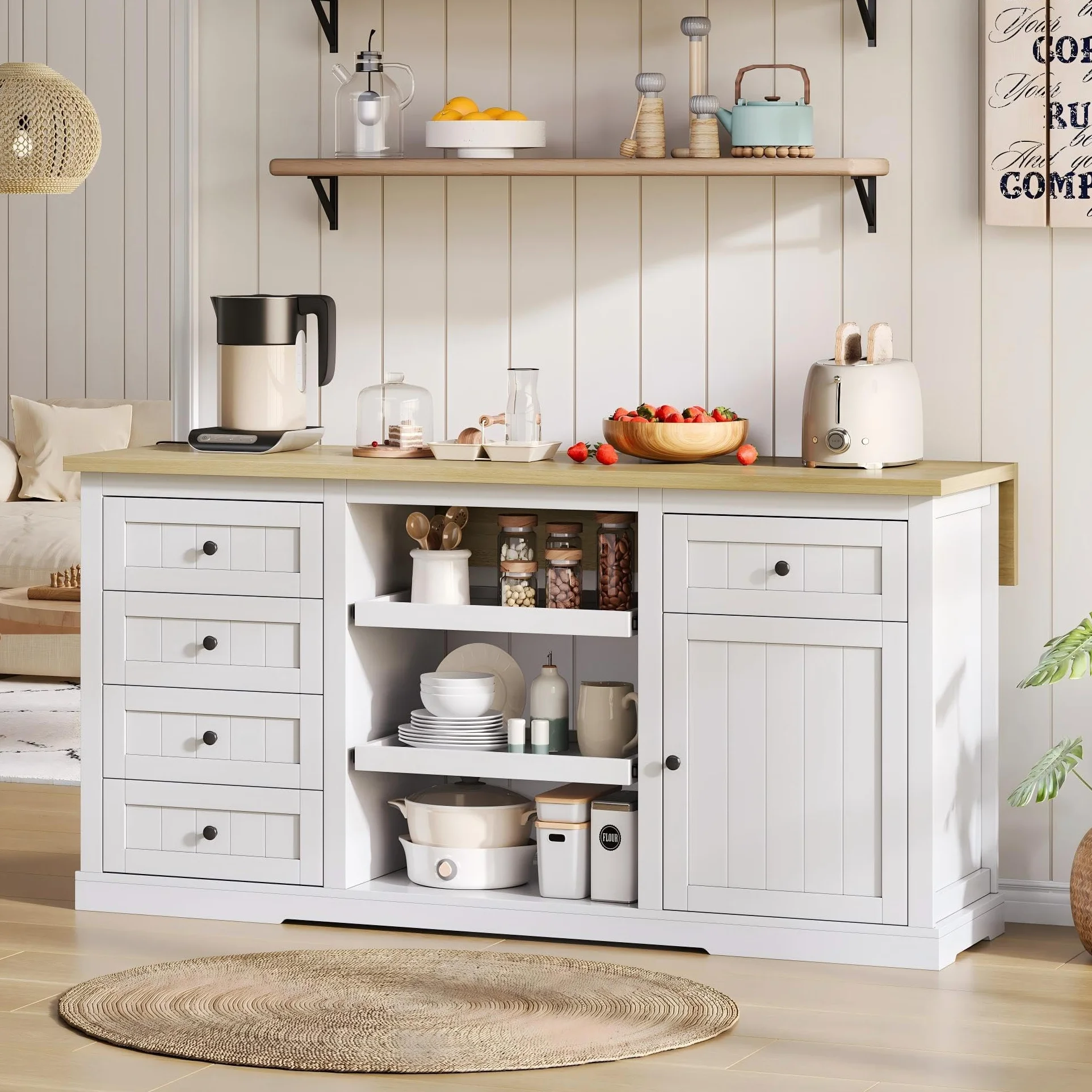 Isla de cocina, 150 × 65 × 75 cm, con cinco cajones, dos estantes extraíbles, un panel de extensión abatible y tomas integradas. Mueble bar, aparador, muebles blancos.