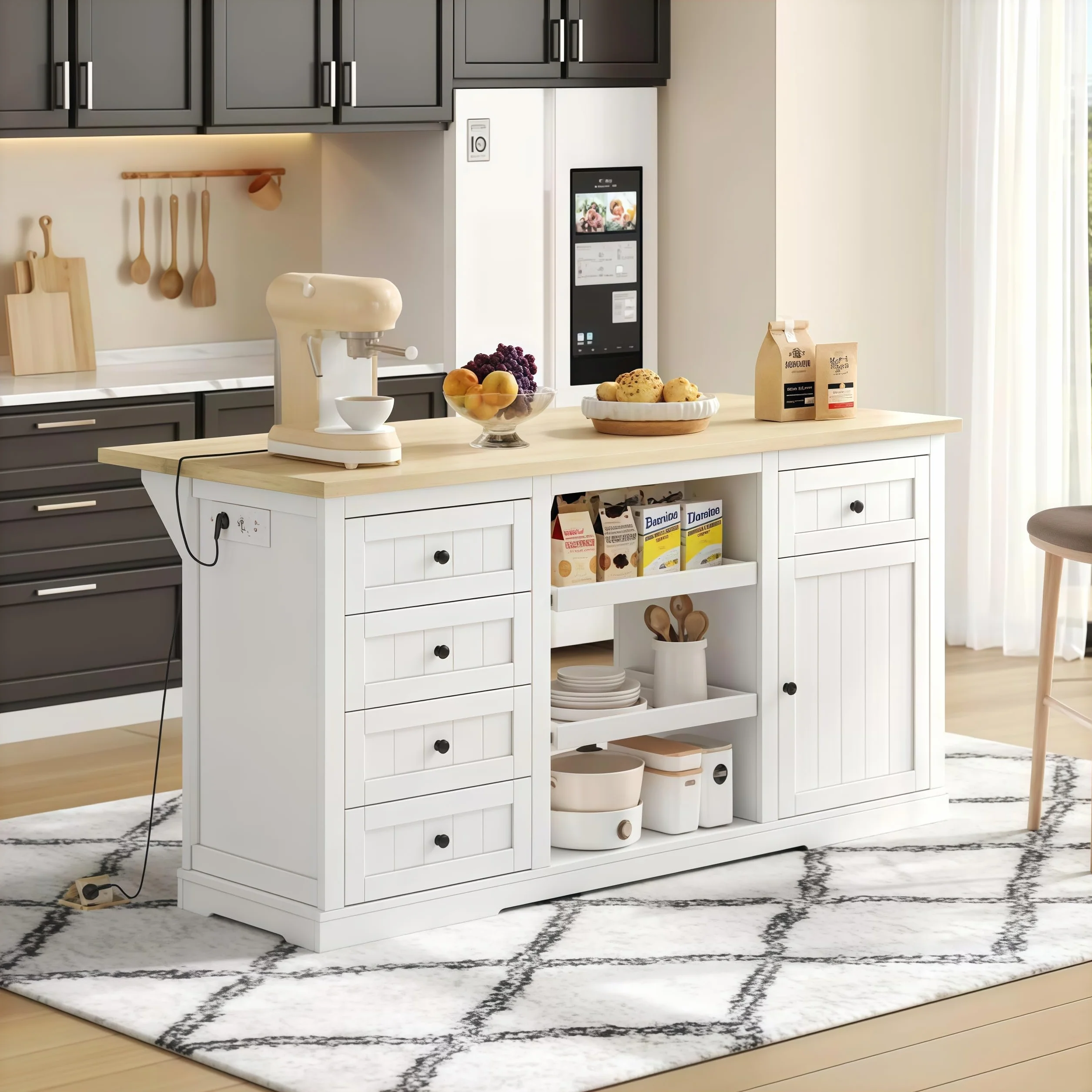 Isla de cocina, 150 × 65 × 75 cm, con cinco cajones, dos estantes extraíbles, un panel de extensión abatible y tomas integradas. Mueble bar, aparador, muebles blancos.