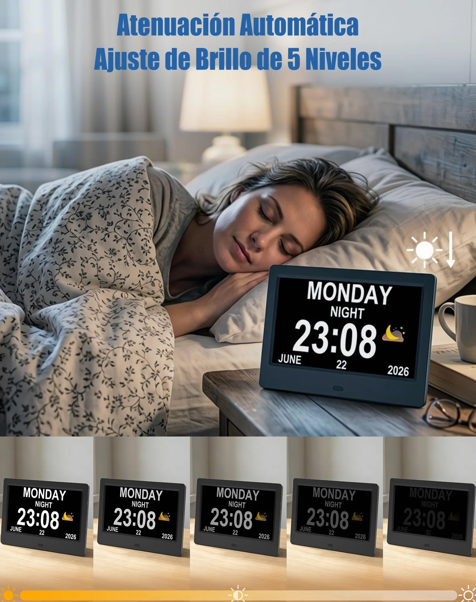 jely Reloj Digital para Personas Mayores 7'' Calendario Digital para Alzheimer y Pérdida de Memoria, 20 Recordatorios, 24 Alarmas, Marco de Fotos Digital, Control Remoto, Reloj de Pared y Mesa - Negro