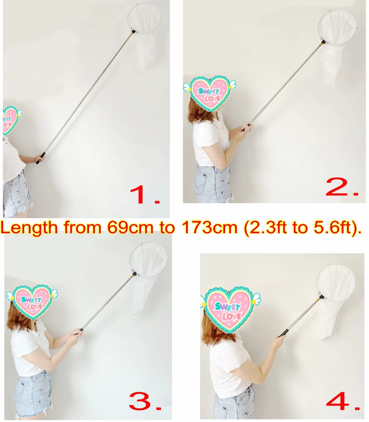 Red de Pesca Niños 150cm Mango Telescópico Extensible para Estanque Piscina Atrapar Insectos Mariposas Cangrejos