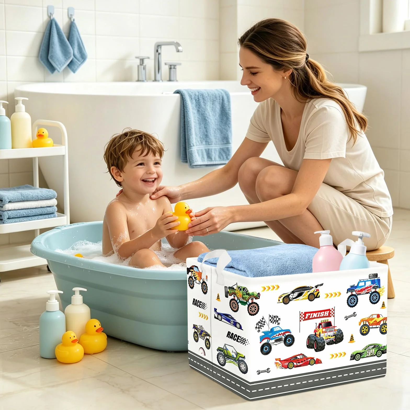 Clastyle Cestos Almacenaje Infantil Coche Cesta Ropa Sucia Plegable para Habitación Infantil Dormitorio Cajas de Almacenaje Juguetes para Chico, Camión Monstruo, 40x30x30 cm