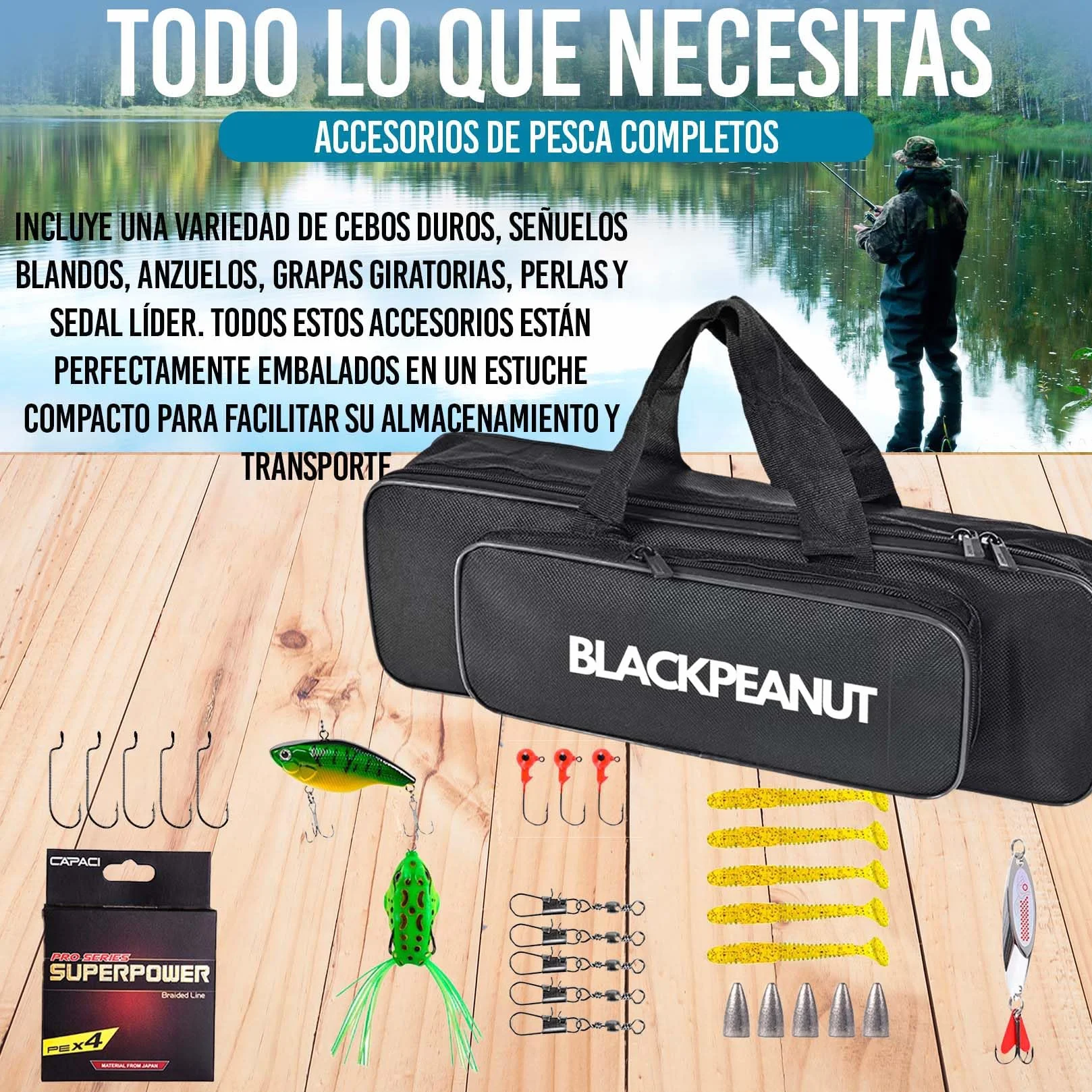 Kit de Pesca Completo - Caña de Pescar con Carrete, Señuelos, Sedal y Bolsa para Transporte – Caña de Pescar Spinning para Mar o Río – Incluye Señuelos, Sedal y Bolsa. Carrete Rojo y Negro