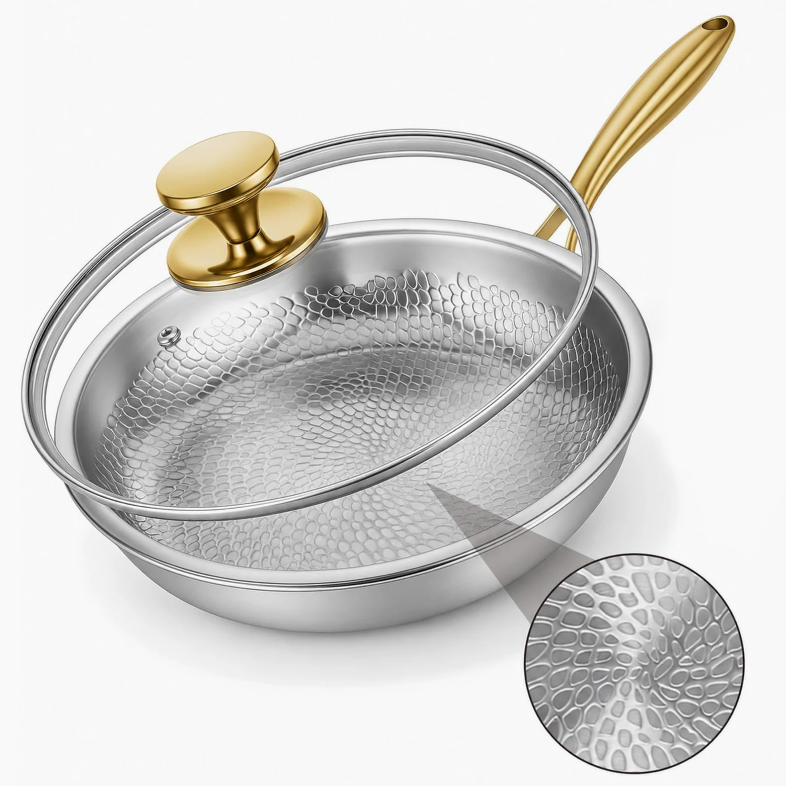 Sartén de titanio con tapa, sartén de titanio sin recubrimiento, Titanium Hammered Pan Pro, estructura física antiadherente gracias al patrón martillado, para todo tipo de cocinas e inducción