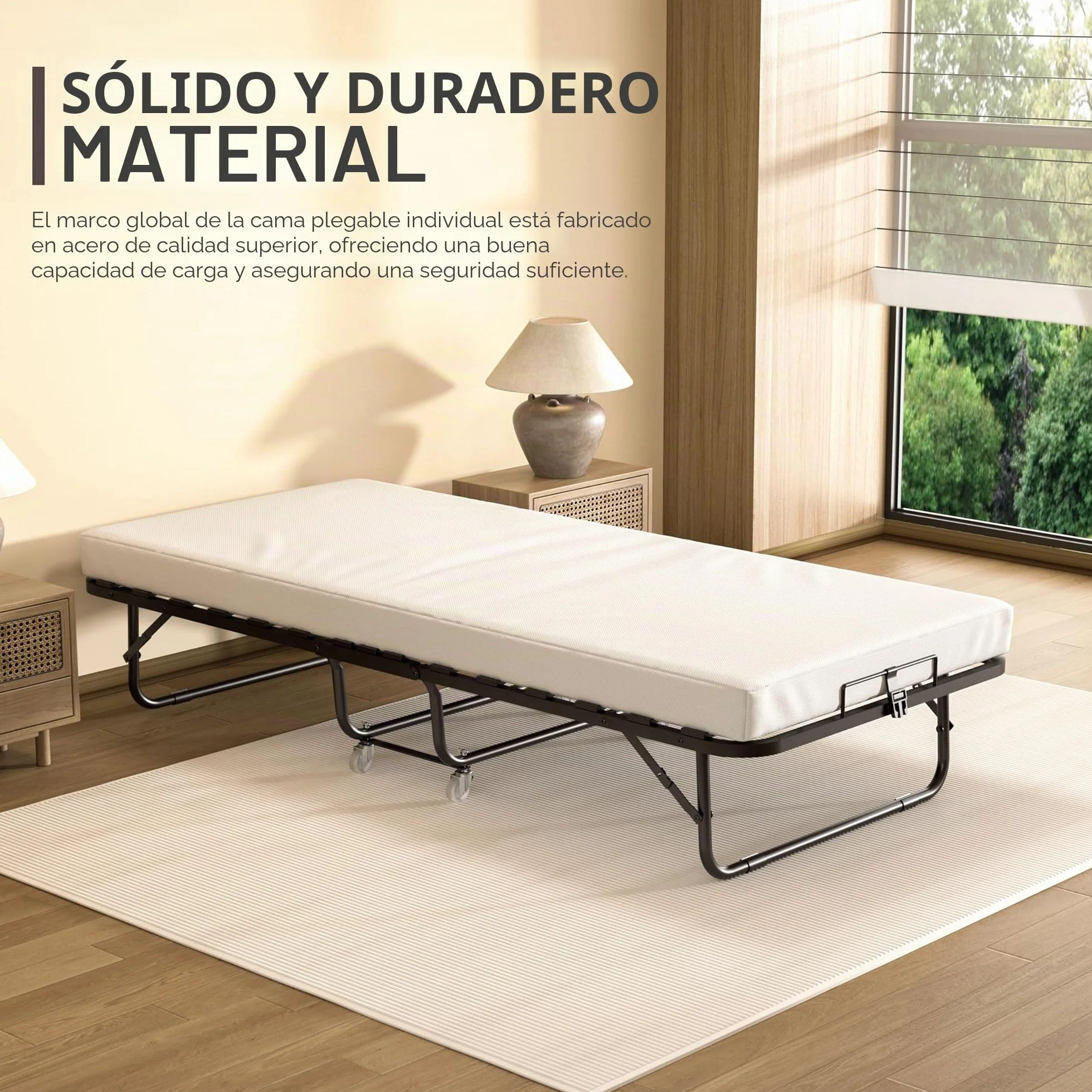 DEWINNER Cama Plegable 90x190 | Cama para 1 Persona con Colchón de 10 cm | Somier Individual de Listones de Madera de 90 x 190 | Camas Ahorra Espacio con Ruedas | Cama con Colchon Plegable