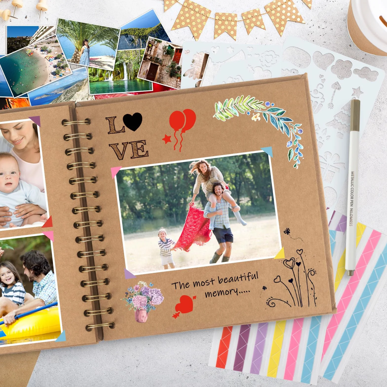 AIOR Album Fotos Scrapbook 21x21cm, DIY Espiral Álbum de Recortes para Pegar y Escribir 40 Páginas, Regalos de Boda Aniversario Cumpleanos, Para Bebés Amigos Parejas (Caqui)