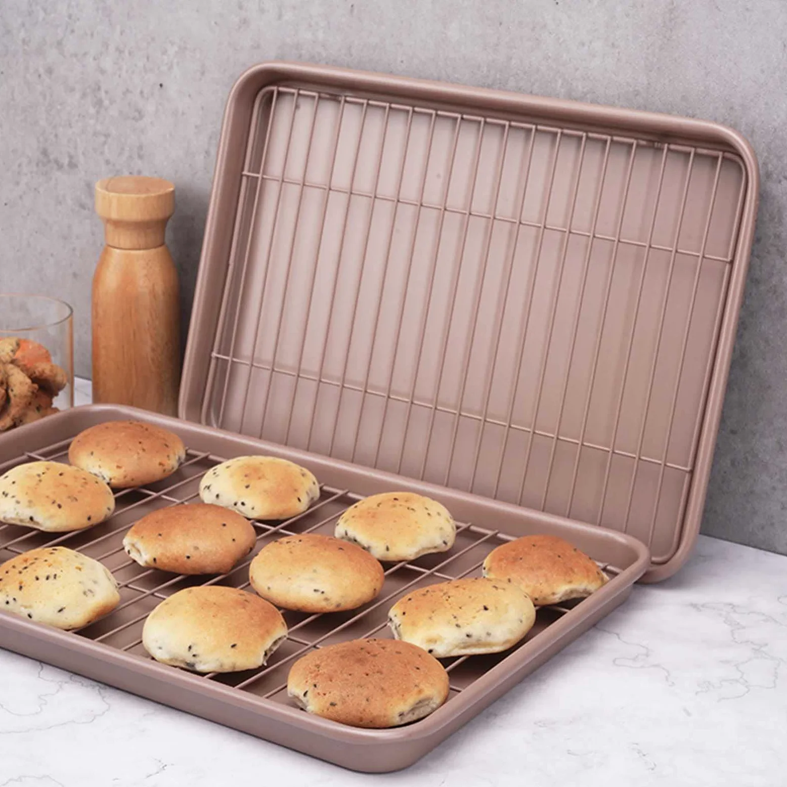 Juego de bandeja para hornear con estante de acero al carbono, bandeja para hornear con estante de refrigeración, no tóxico, resistente y fácil de limpiar
