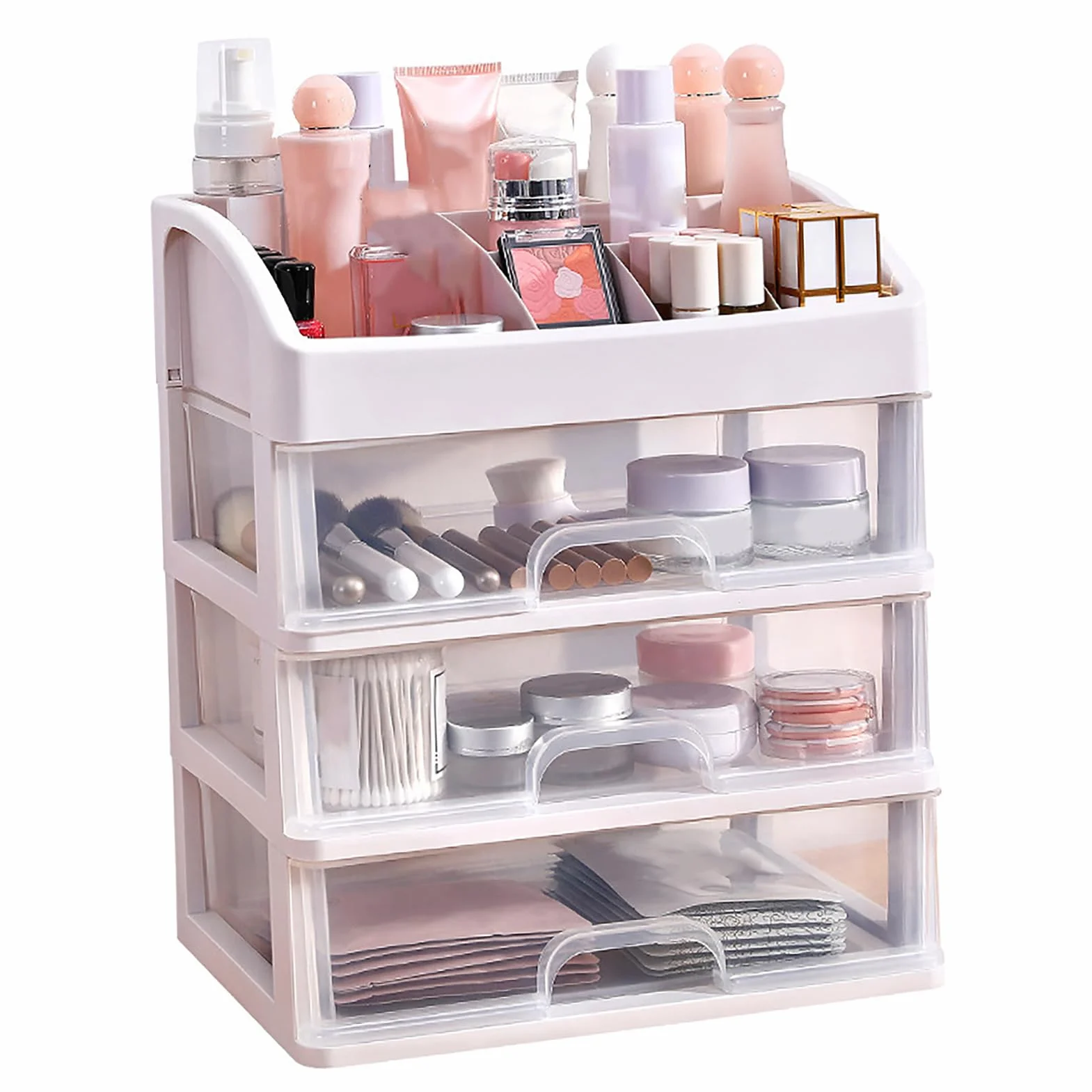 Organizador de Maquillaje con 3 Cajones Transparente, Caja de Almacenamiento para Cosméticos, Accesorios y Joyería, Plástico Resistente, Multifuncional, Ahorro de Espacio