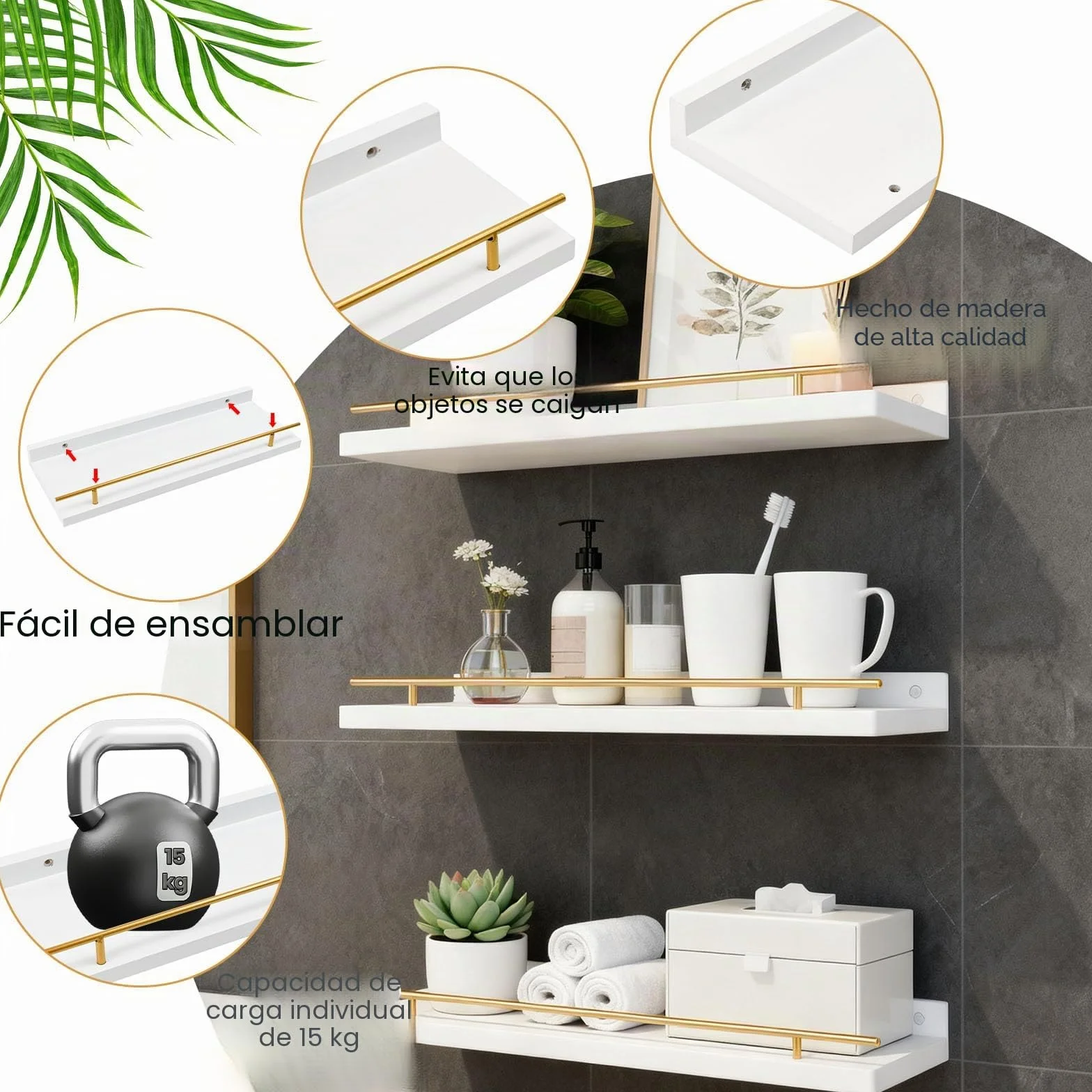 3PCS Estantes Flotantes de Madera 40x15cm, Baldas Flotantes Blancas para Pared, Estanterías de Madera para Pared, Estantes Colgantes dePared para Dormitorio, Cocina, Oficina o Sala de Estar