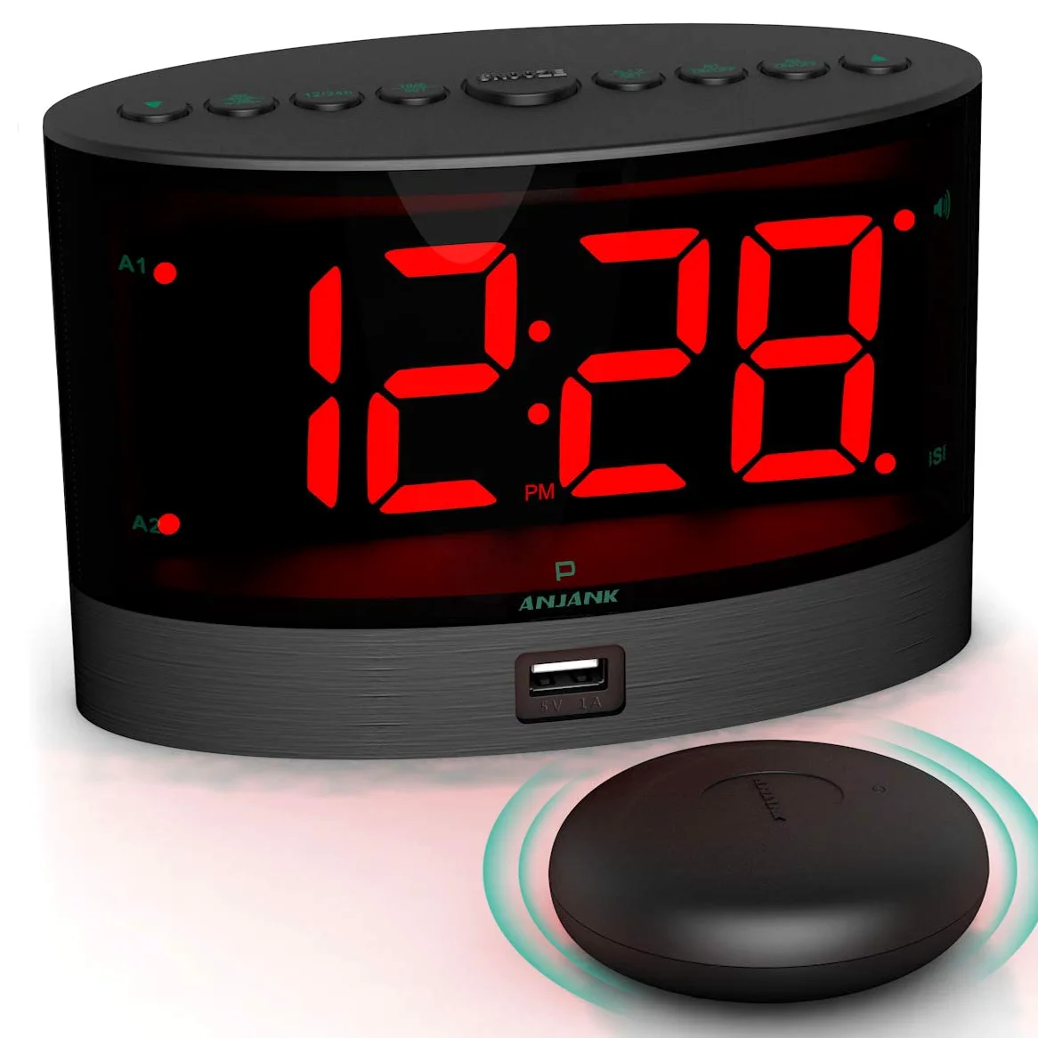 ANJANK Despertador Muy Fuerte con Vibración Inalámbrica, Doble Alarma para Dormilones Pesados, Sordos y con Problemas de Audición, Volumen Ajustable/Dimmer/Despertar Modo, Puerto de Carga USB